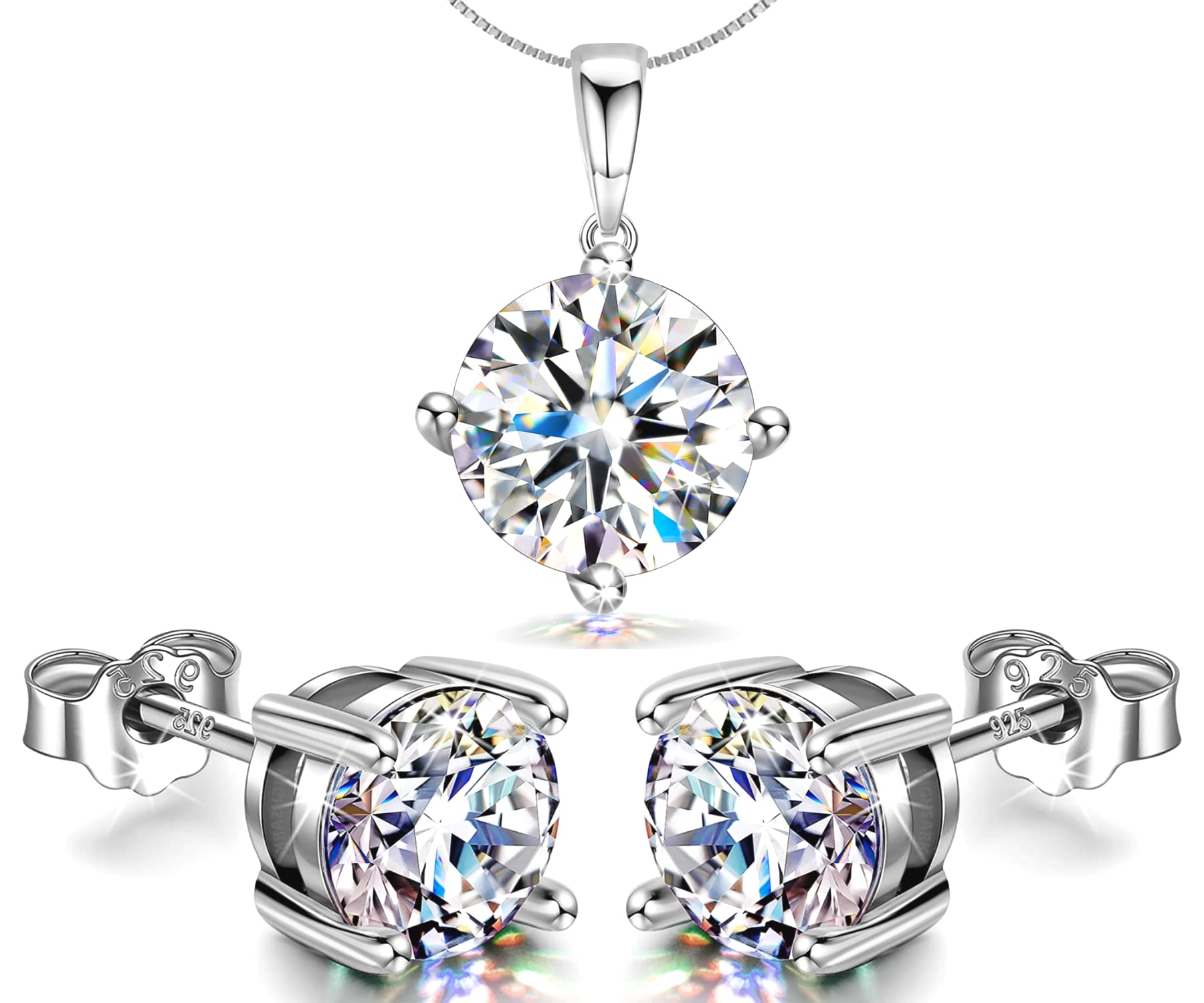 925 Silver Solitaire Earrings Pendant Necklace Set | 92.5 Sterling Silver & Diamond like Brilliance Sparkling Zirconia | Lovely Gift for Women & Girls