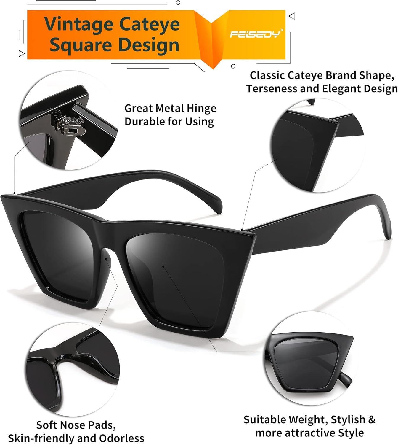 FEISEDY Vintage Square Cat Eye Sunglasses Women Trendy Cateye Sunglasses B2473 - Image 3