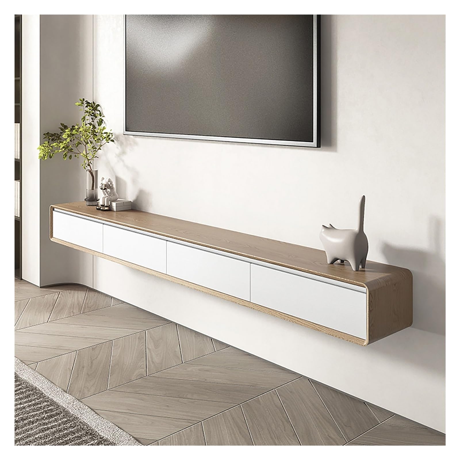 Mobile TV sospeso sottile da parete, in legno massello, console multimediale con ripiano portaoggetti per piccoli spazi, design moderno (legno + bianco, 200 cm)