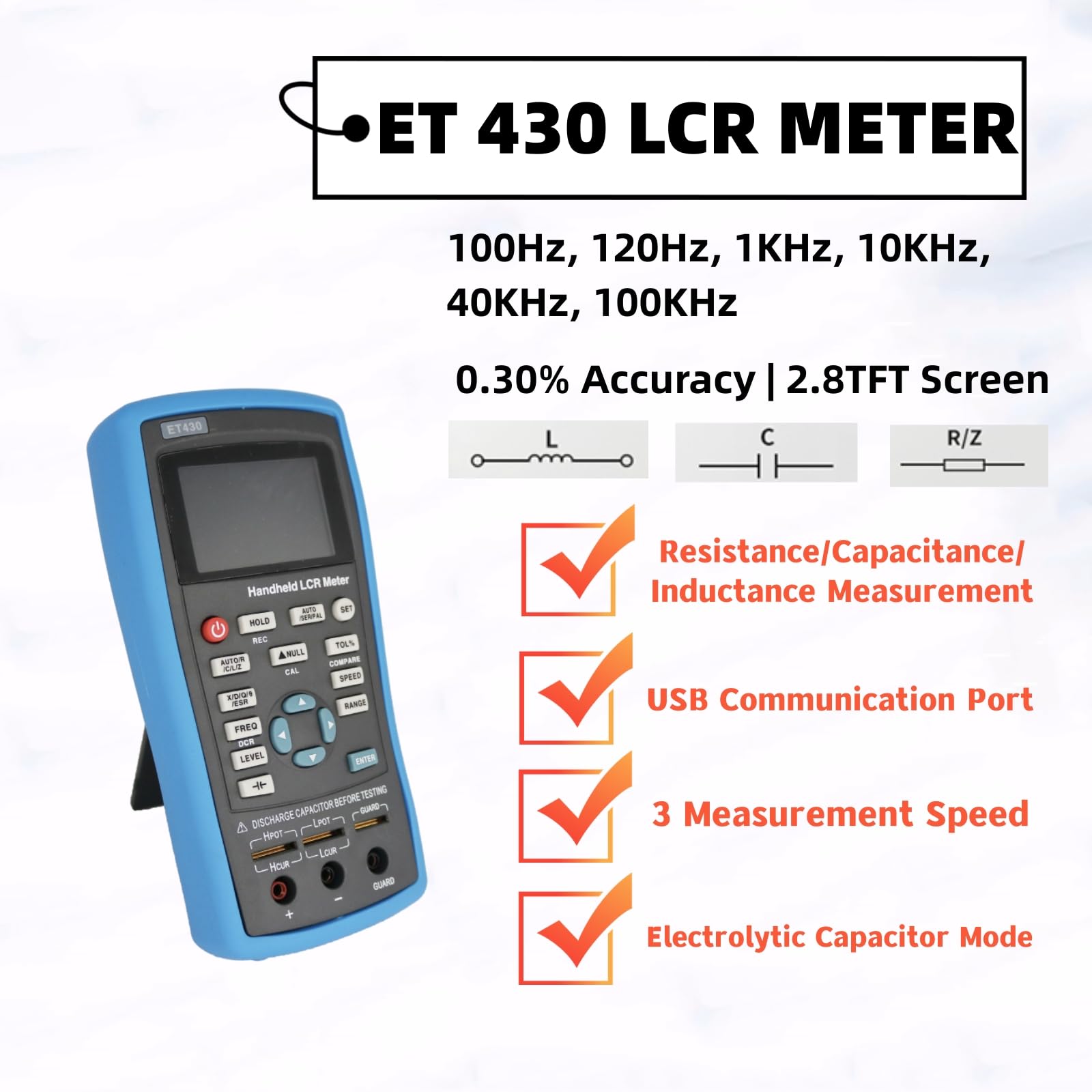 ET430 LCR-Messgerät, 100 kHz, digitale Induktivität, Kapazität, Widerstandstester, Elektrisches Multimeter, mit festen Frequenzpunkten