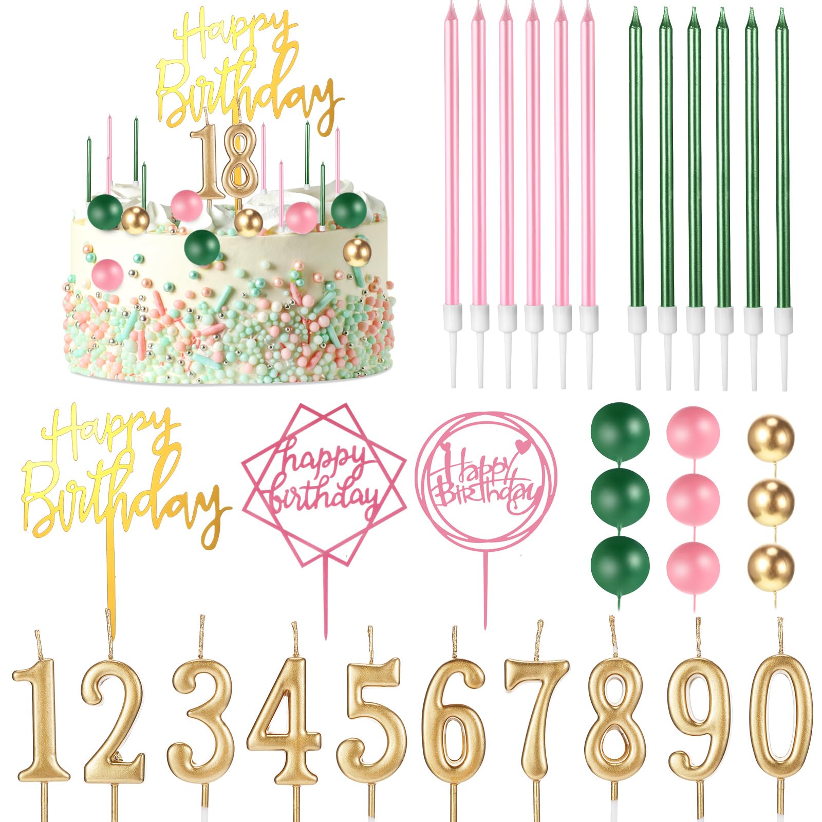 Photo 1 of (missing balloons) Yerliker 34 Pcs Happy Birthday Cake Toppers Decorations Birthday Candles DIY Cake Decor for Men Women Wedding Anniversary(Gold Green Pink)