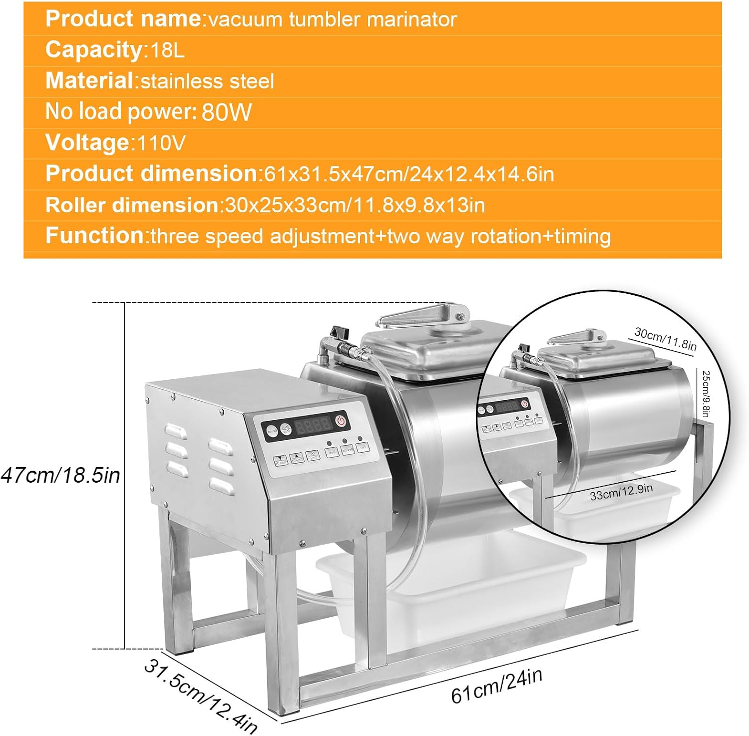 Commercial Meat Tumbler Marinator, 18L Vacuum Tumbler Marinating Machine 3-Speed Bidirectional Rotation, Stainless Steel Vacuum Curing Machine for Chicken Steak Pork