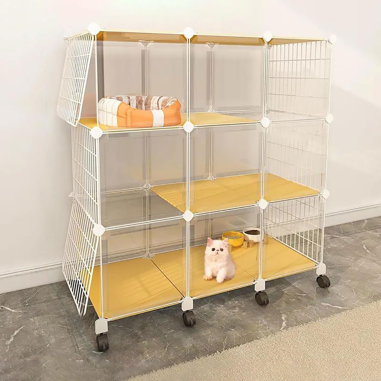 Gabbia per Gatti da Interno, Recinti per Gatti Box per Gatti Fai-da-Te Gabbia per Piccoli Animali Staccabile con Ruota Grande Spazio per Esercizi Ideale per 1-3 Gatti, Conigli e Piccoli Anim