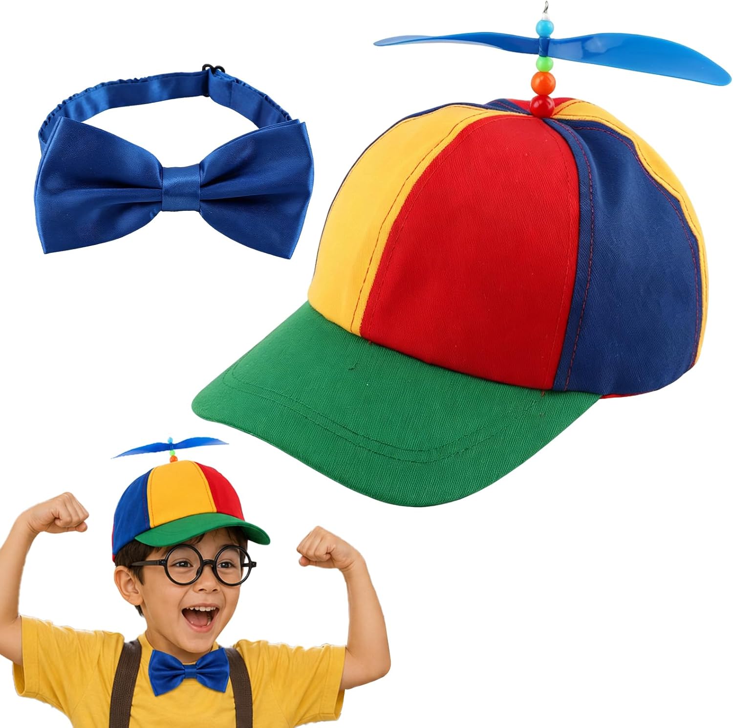 Colorful Propeller Hat for Adults, Adjustable Snapback Cap with Bow Tie, Lightweight Costume Hat for Festivals