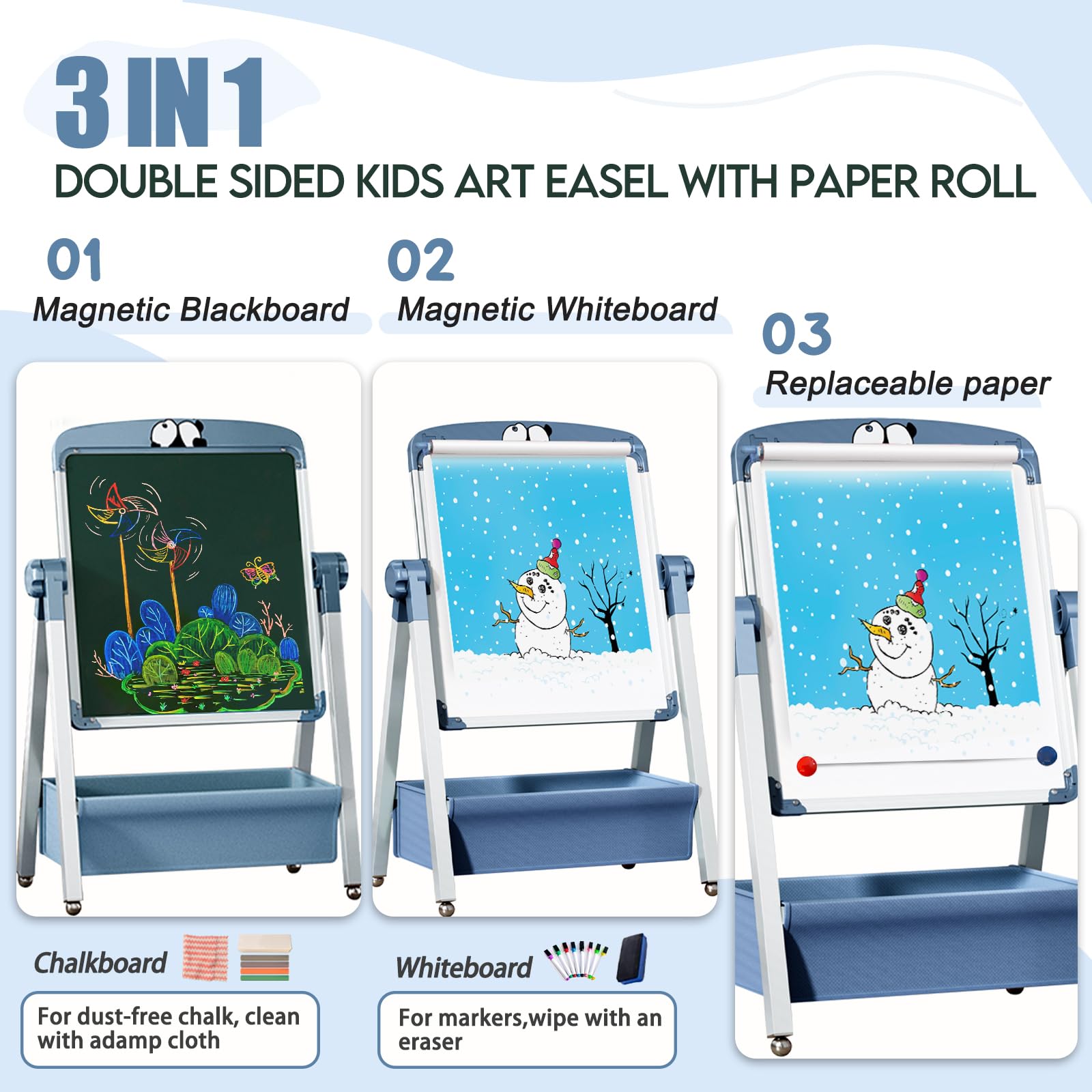 Chevalet Pour Enfants avec Rouleau de Papier 3 en 1 Double Face planche à dessin pliable, hauteur réglable Rotatif à 360 ° tableau blanc et noir avec lettres et chiffres pour garçons et filles