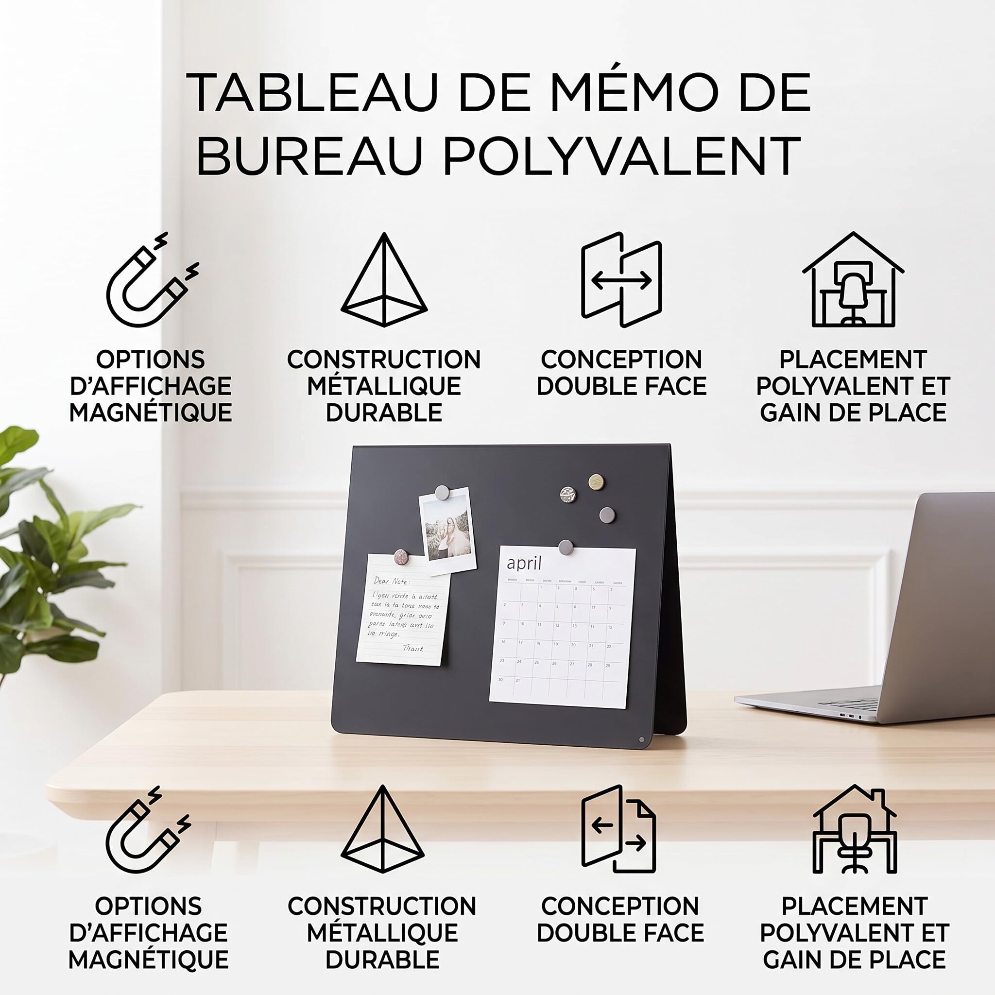 Tableau d'affichage de Table Tableau Mémo Magnétique Autoportant en Acier au Carbone d'affichage de Bureau élégant Décor de Cuisine Double Face Gestion facile.