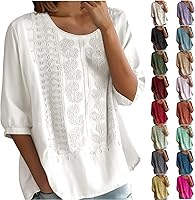 Women's Cotton Linen Boho Blouse: Retro Embroidered 3/4 Sleeve Loose Tunic Top, Breathable Casual Summer Shirt