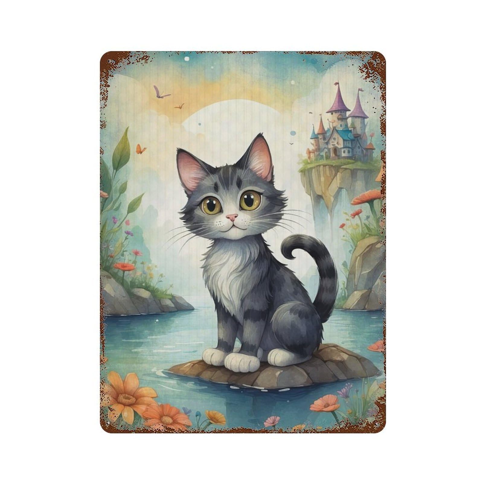 Cat Anime Decorative Tin Sign 15.7"x11.8", Rustic Home Decor for Garage, Pub Or Kitchen