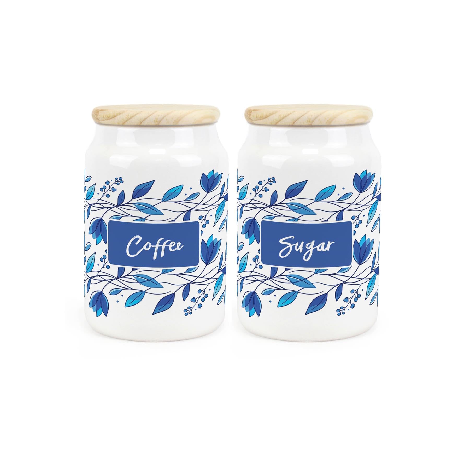 Purely Home Blue Petals Coffee & Sugar Canister Set - Ceramic Kitchen Storage Containers with Wooden Lid 600ml (14.5cm x 9.5cm)