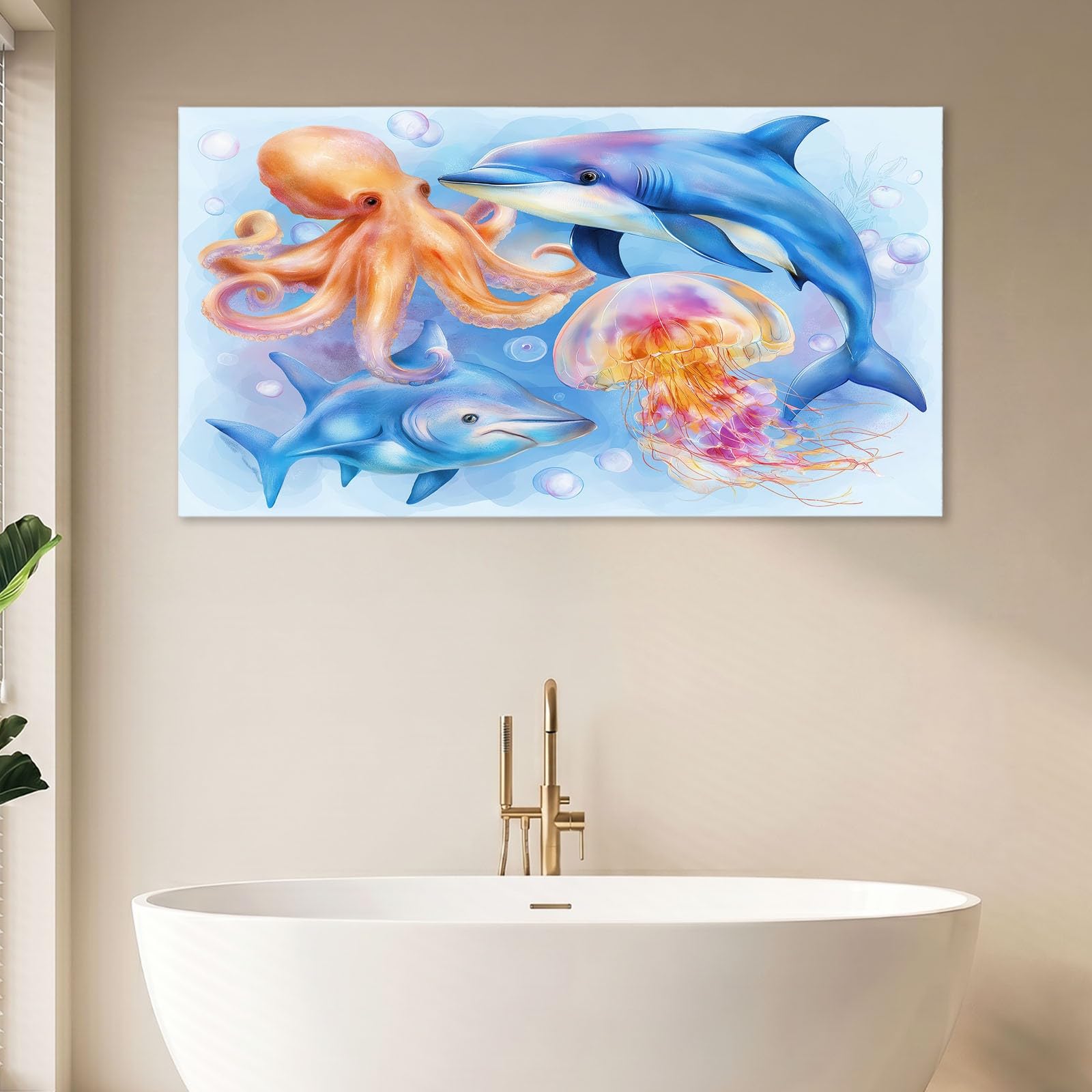 Obraz na płótnie z kreskówki 120 x 60 cm niebieski zwierzę delfin ośmiornica meduza - obraz na płótnie na drewnianej ramie i dekoracja do salonu i sypialni