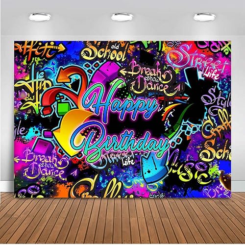 Miniatura 3 de Avezano Fondo de cumpleaños de graffiti neón, fondo retro de hip hop, fondo de fotografía de fiesta de los años 80 y 90, decoración de fiesta de