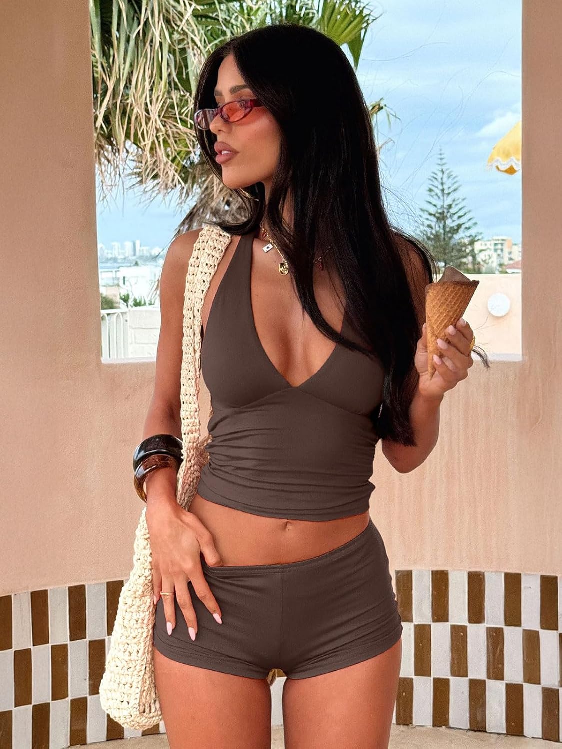 REORIA Womens Halter Tank Tops Double Lined Basic Cami Shirts Sexy Backless Y2K Trendy Going Out Tops - Image 2