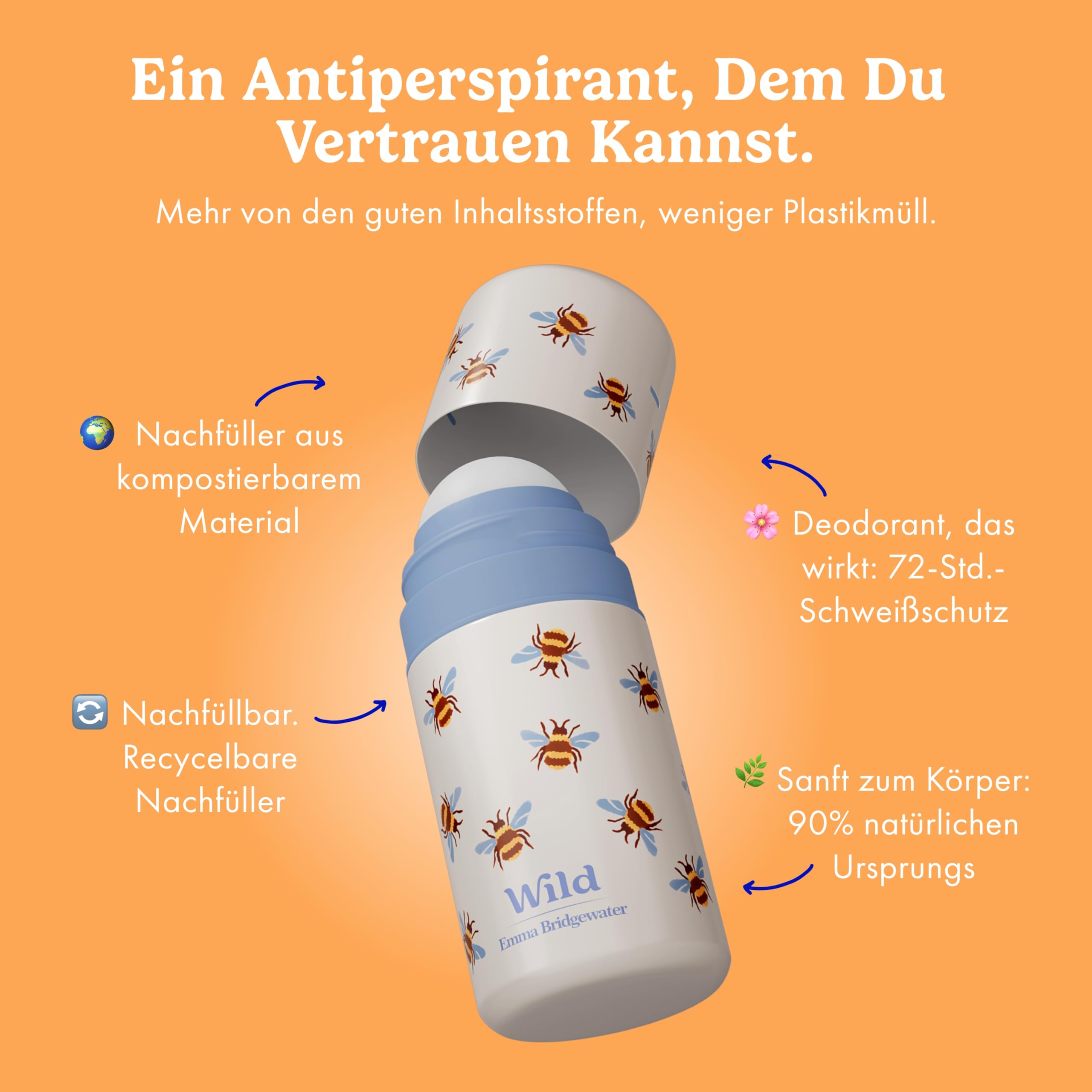 Wild Nachfüllbares Antiperspirant Roll‑on Deodorant Starter‑Kit – 72‑Stunden‑Schutz vor Körpergeruch & Schweiß – Bee Print Case mit Honey&Cactus Flower, Coconut&Vanilla sowie Vanilla Bean&Buttercream