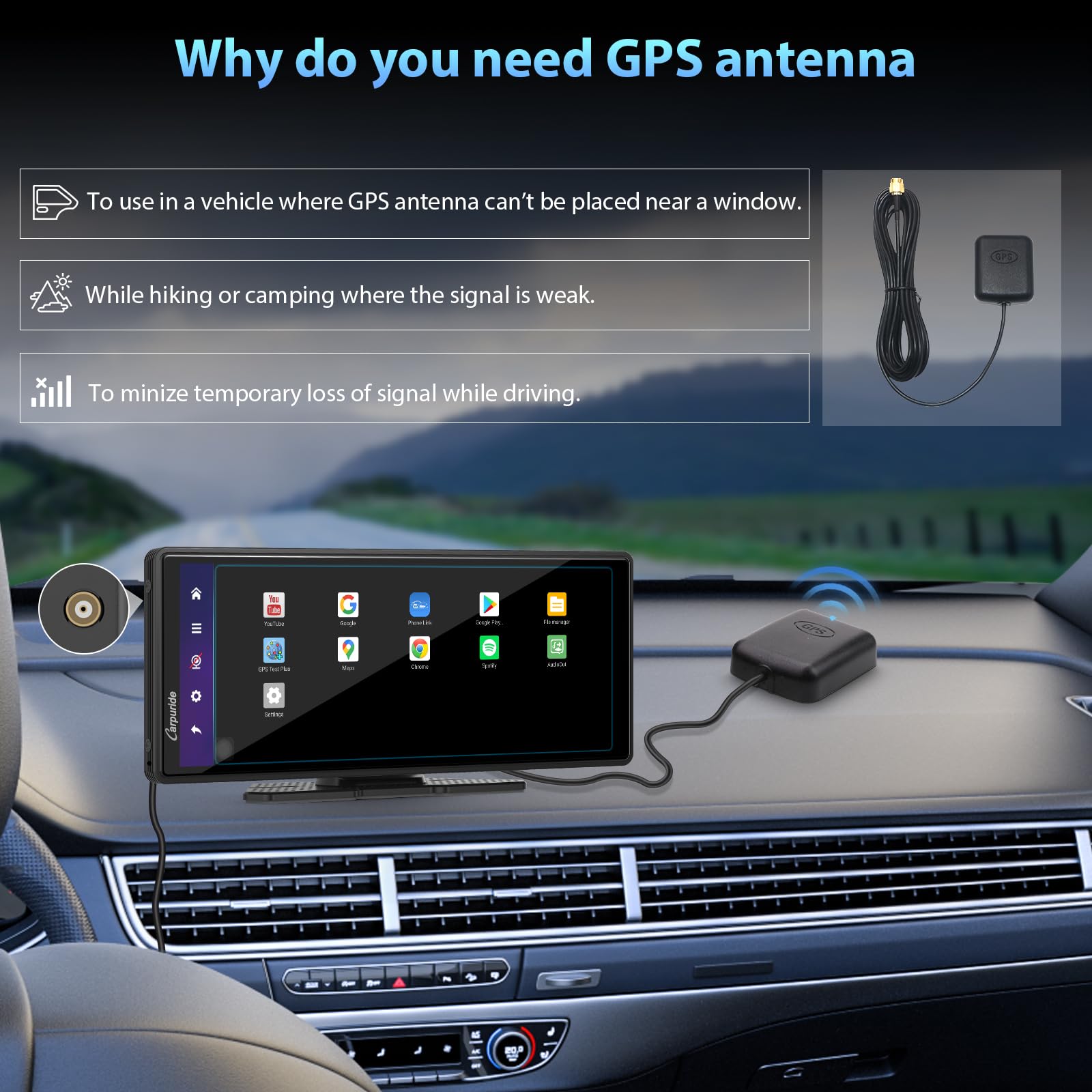 CARPURIDE CarPlay sans Fil Android Auto 4+64 GB, écran Navigation en Ligne et Hors Ligne, Google Play, Mirror Link, BT, Antenne GPS, Caméra Recul, Plein écran 10,26", Zone Visualisation 9,3"