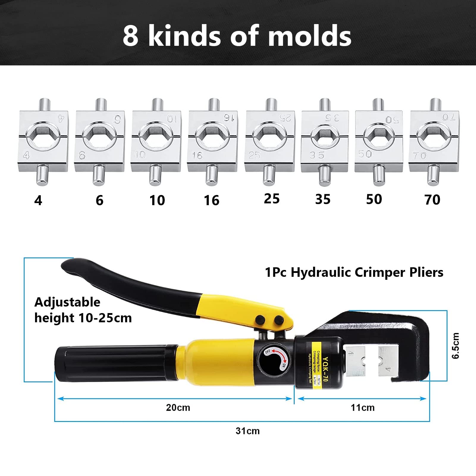 8 tonowa hydrauliczna zaciskarka do końcówek kablowych, 16 narzędzie do zaciskania matryc 4-70 mm² dla specyfikacji DIN AWG JIS