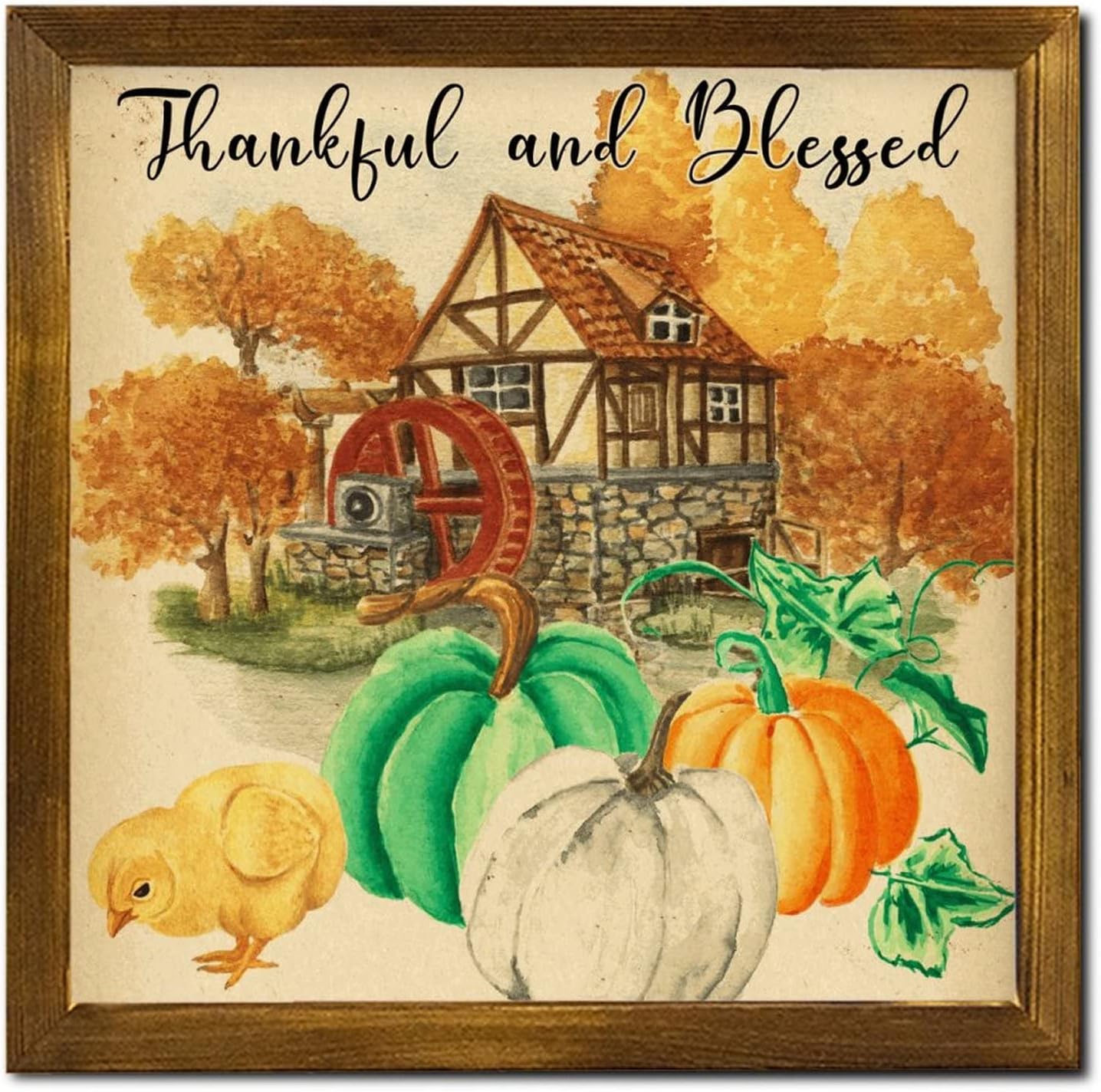 Thankful and Blessed Wooden Framed Signs Farm Pumpkin Rooster Sunflower Hanging Wall Art Sign Farmhouse Harvest Thanksgiving Hanging Wall Signs Decor for Home Bar Room Garage Bedroom 12x12 inch