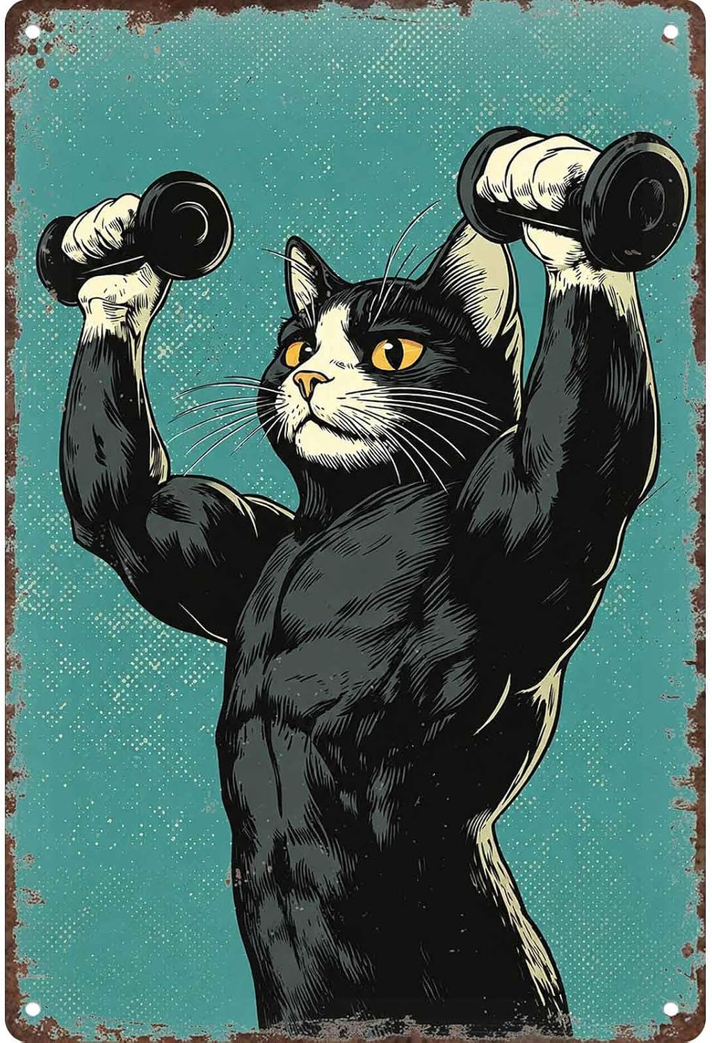 Retro Fitness Muscular Cat Lifting Dumbbells Metal Sign 12x8 Inch
