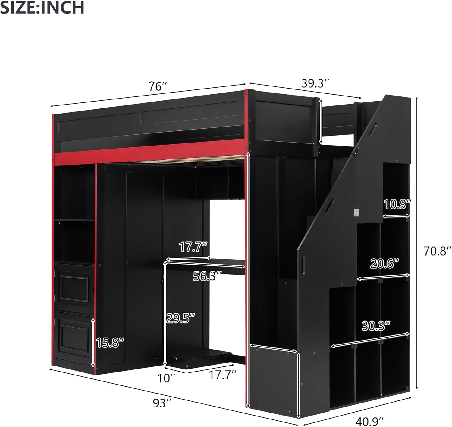 LZ LEISURE ZONE Twin Size Gaming Loft Bed with Desk, Storage and LED Lights, Black