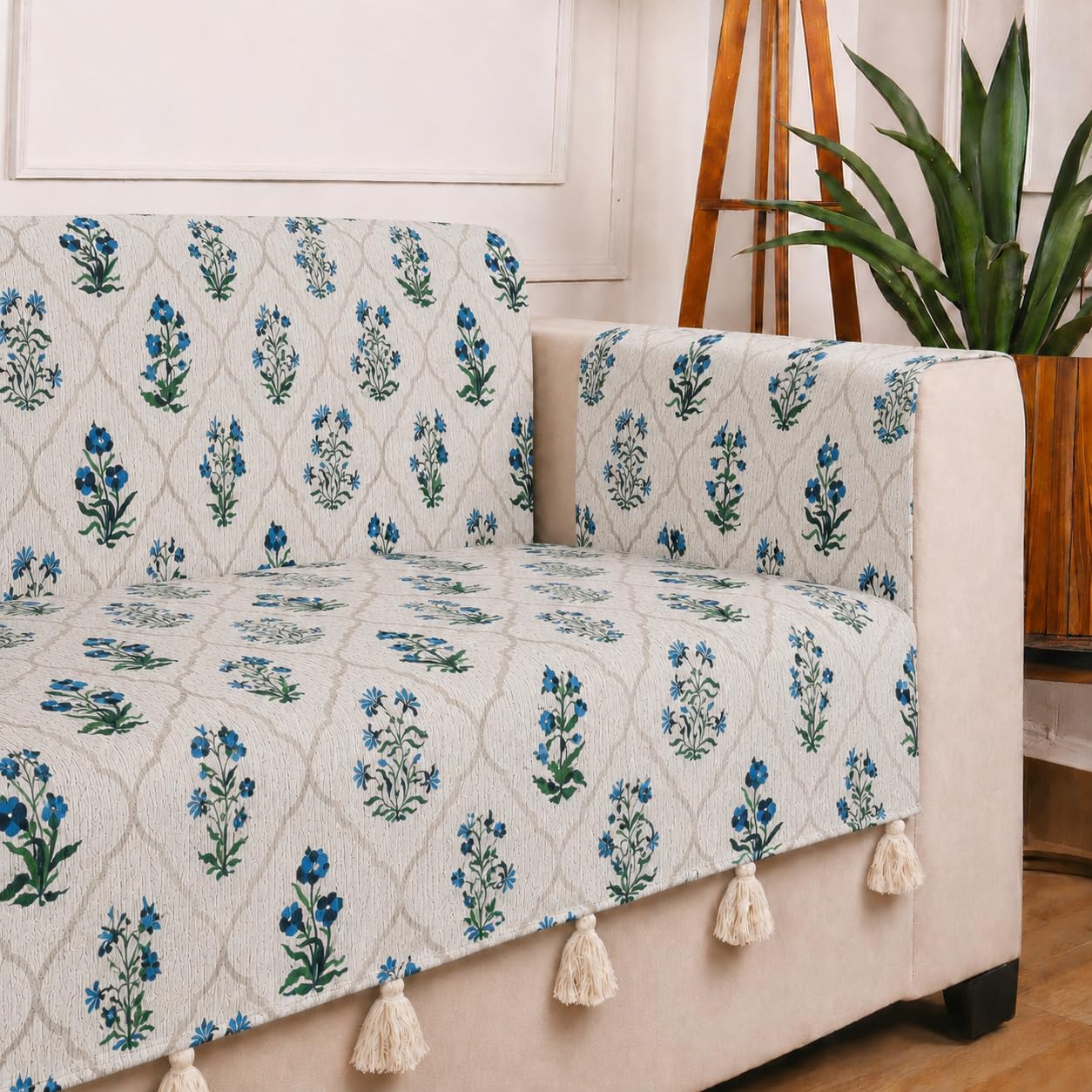 STITCHNEST 'Eden Weaves Collection Series' 2 Seater Sofa Cover | Full Coverage with Armrest Pockets | Elegant Woven Fabric, Decorative Tassels, Washable & Durable for Modern Living
