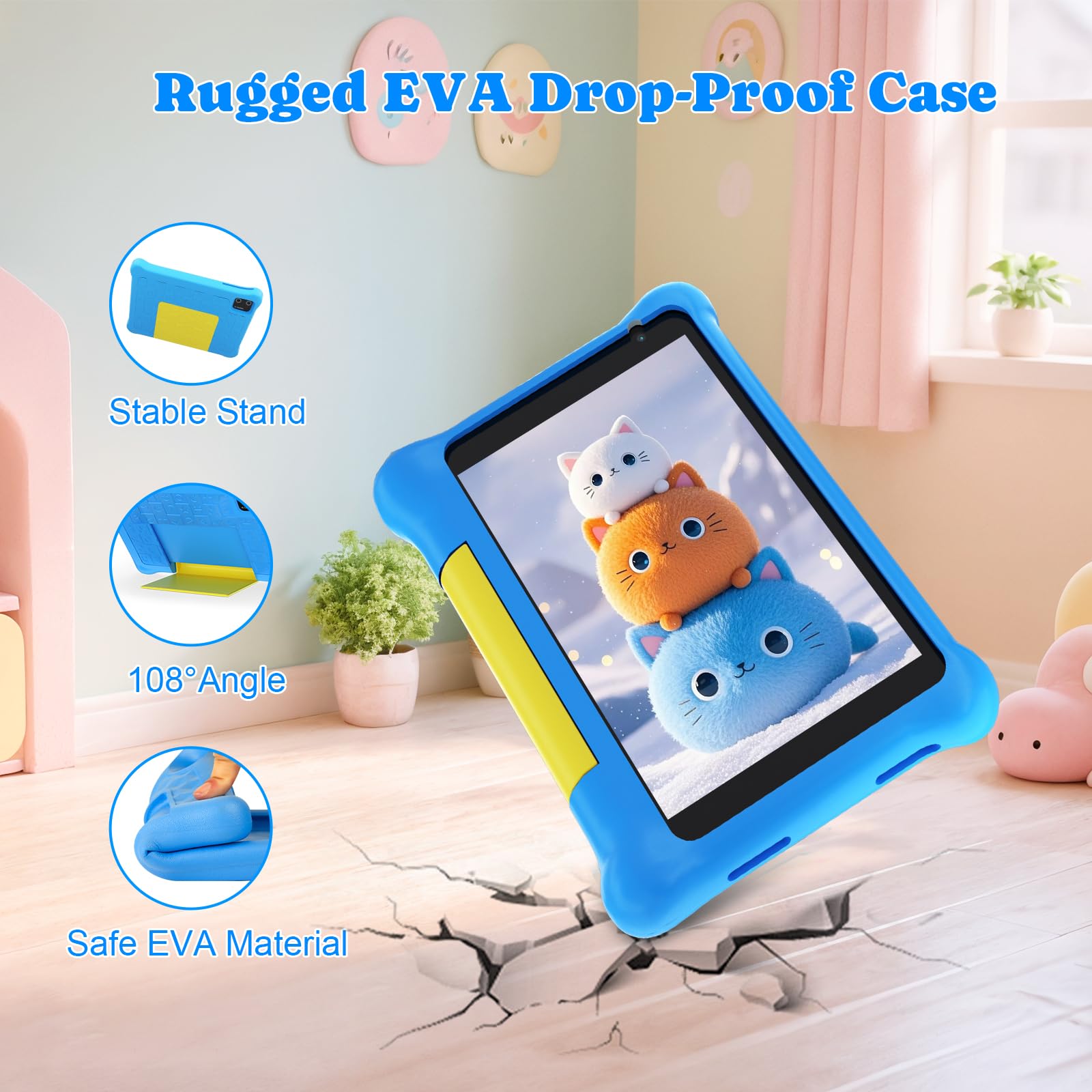 Tablette Enfants 7 Pouces Android 13 5GB RAM 32GB ROM TF 128GB Contrôle Parental WiFi Bluetooth Kid-Proof Étui Bleu