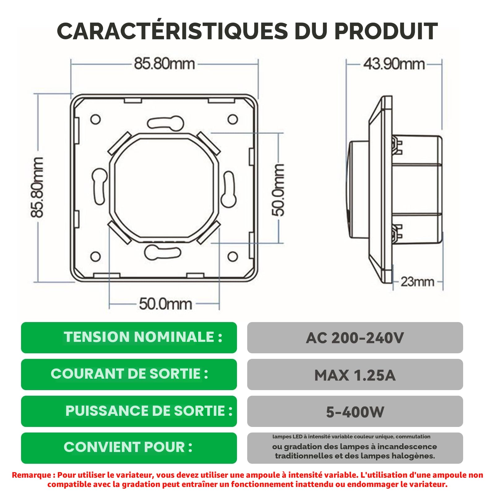 Variateur de lumiere led 230V interrupteur variateur led 5-400W rotatif encastré à intensité variable pour lampes LED monochromes Lampes halogènes incandescentes BQ-TTDIM