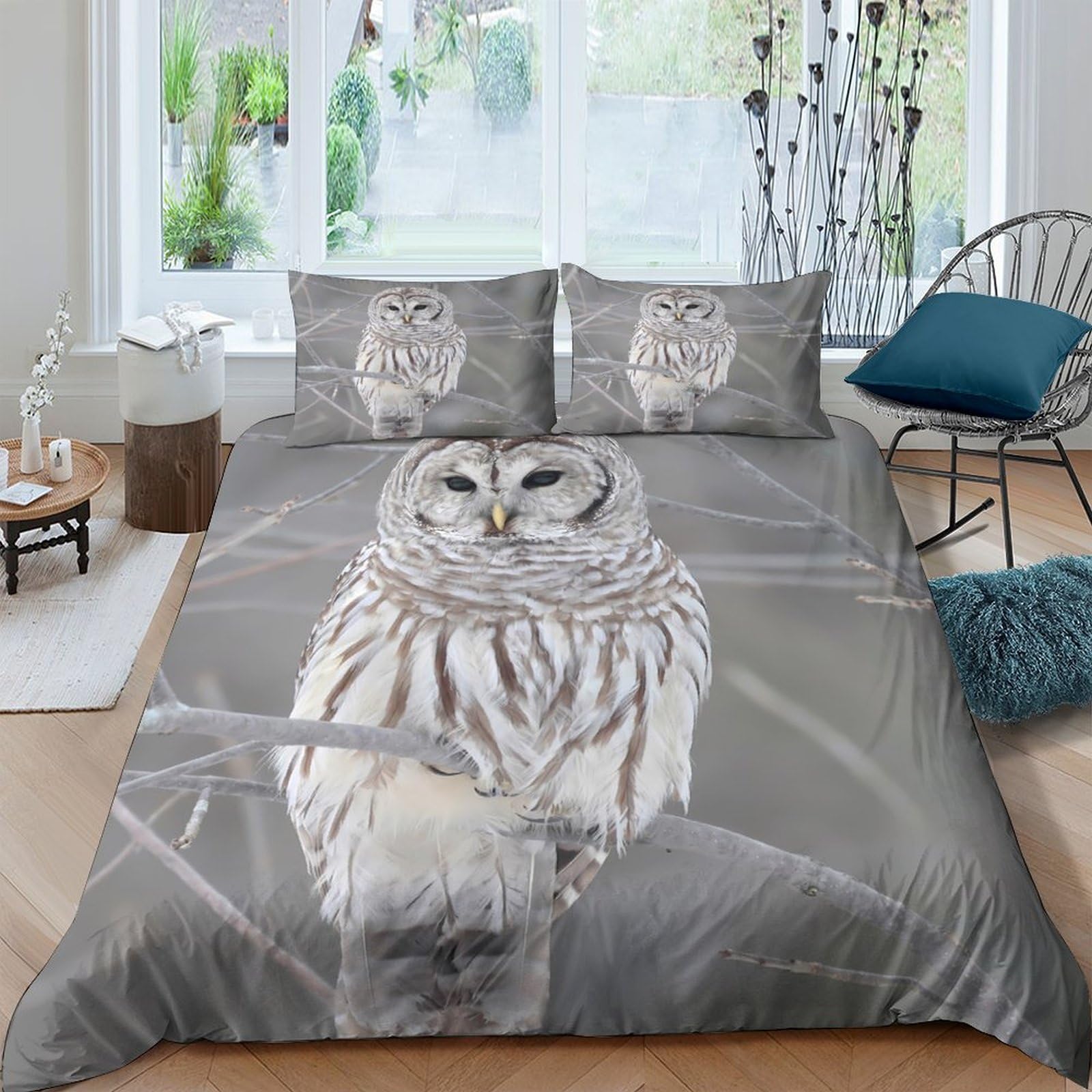 Ctjqhvkz Style-4 3D Printed Owl Forest Fitted Sheet Microfiber Soft Grey Bird Tree Mattress Cover For Bedroom Home Decor Protection Single（135X200cm）