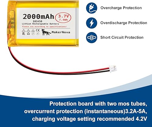 Miniatura 6 de Batería LiPo de 3.7V 103450 2000mAh, recargable 1S 3C, conector Micro JST 1.25, placa de protección dual, paquete de 4
