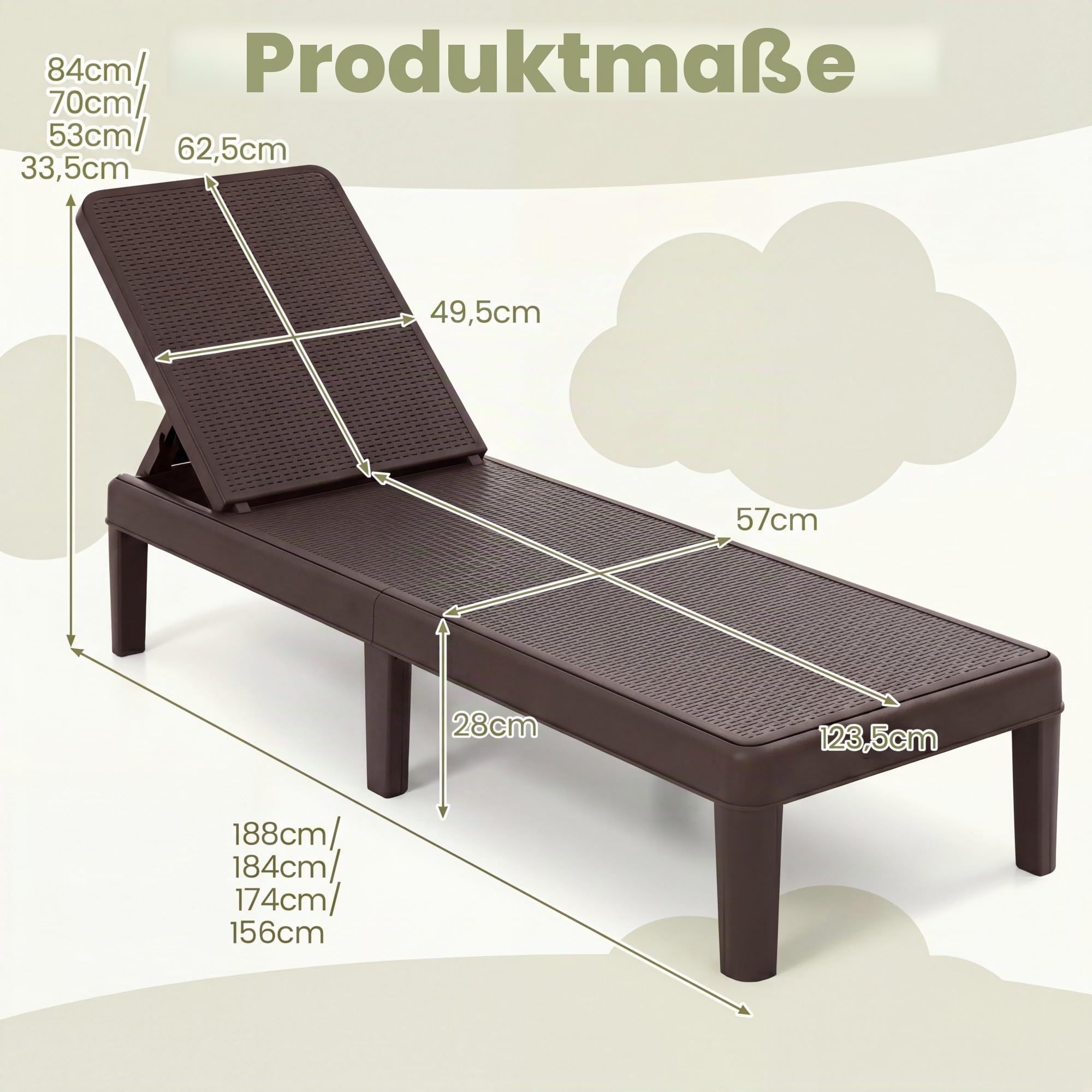LIFEZEAL Sonnenliege Rattan, Gartenliege mit 4-Fach Verstellbarer Rücklehne, Liegestuhl Relaxliege mit Rattan-Optik, Strandliege bis zu 150 kg, Lounge Sessel Outdoor für Balkon, Garten (Braun)