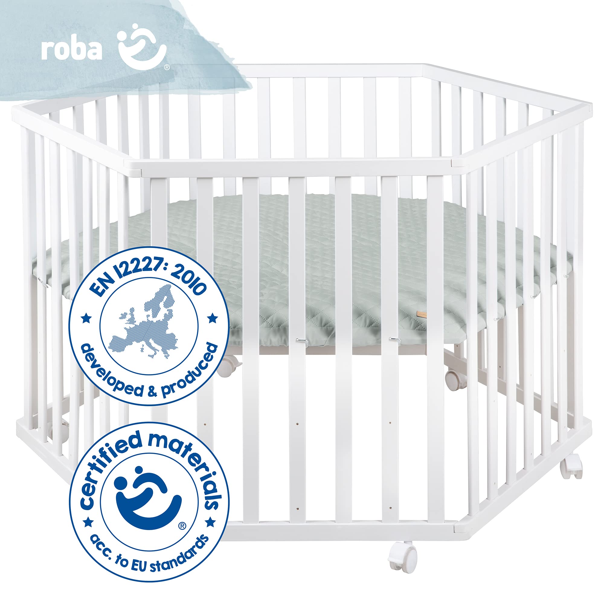 roba Laufgitter 6-eckig - Baby Spielgitter hexagonal + Einlage roba Style frosty green - 3-fach höhenverstellbar - Mobiler Laufstall mit Rollen - Holz weiß