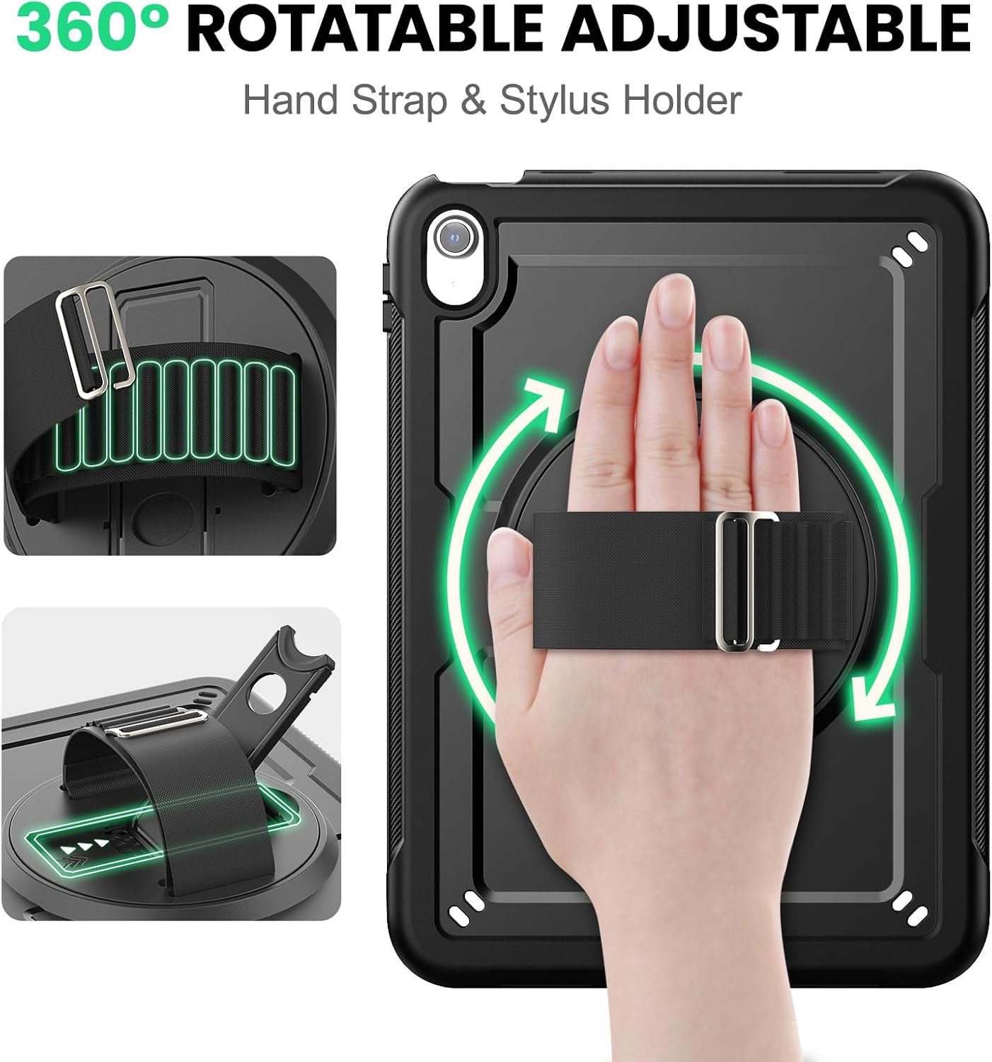 SEYMAC for iPad (A16) 11th/10th Generation Case 2025/2022 (11″/10.9″), Full-Body Shockproof Protective Case with Screen Protector, Rotating Stand, Hand/Shoulder Strap, Black