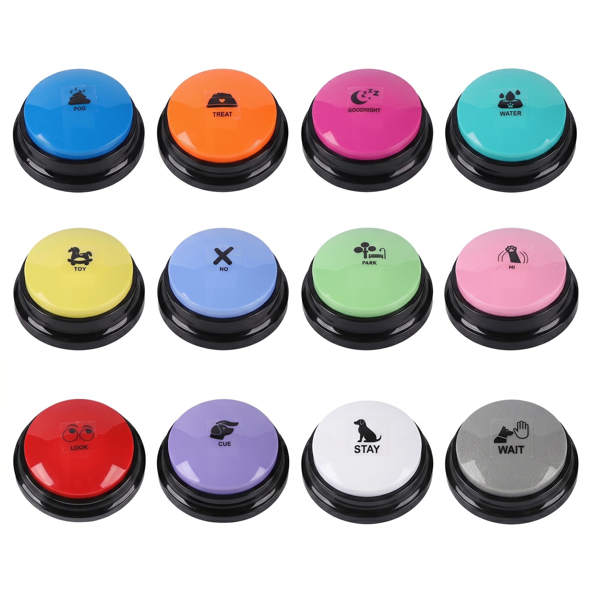Buzzer avec Fonction d'enregistrement, kit de 12 buzzers avec Son, Comprend 50 Autocollants, Bouton de Dressage pour Chien, Bouton Qui Fait des Sons de Chien