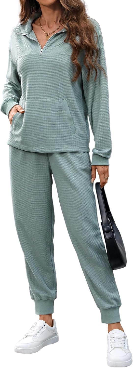 Women's Waffle Knit 2 Piece Lounge Outfits 1/4 Zip Up Top Jogger Set | Long Sleeve Pullover Sweatshirt Tops, Sweatpant Matching Sets, Solid Sweats Track Suits Sets with Pockets