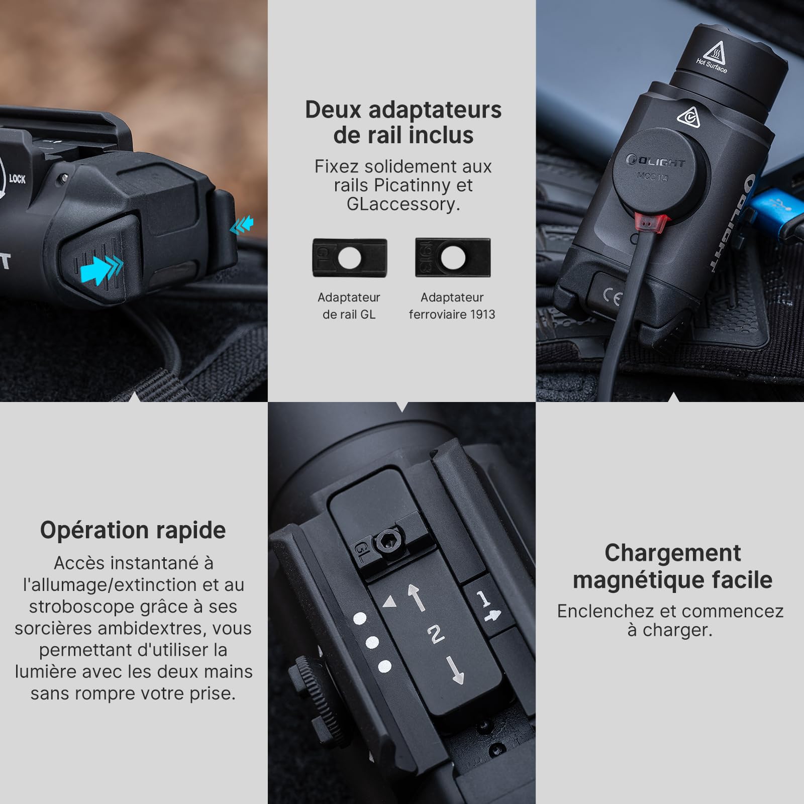 OLIGHT PL-3R Valkyrie Lampe Tactique 1500 Lumens Max 205M Rechargeable Deux Modes d'Éclairage Compactible avec Rail GL et Picatinny Ideal pour Chasse Noir