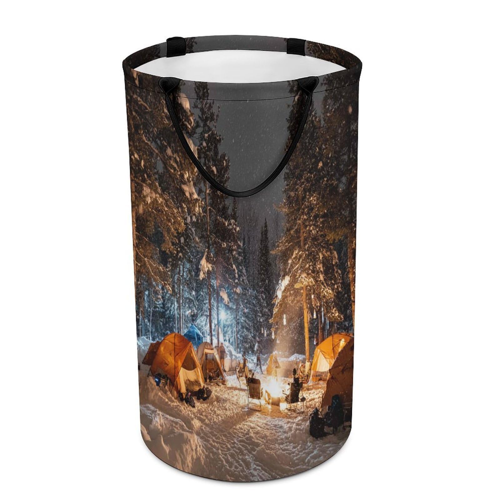 LUYYSKY Modern Classic Winter Camping Collapsible Dirty Clothes Basket, Funny Watercolor Snowy Forest Campfire Tent Pattern Portable Clothes Storage Basket