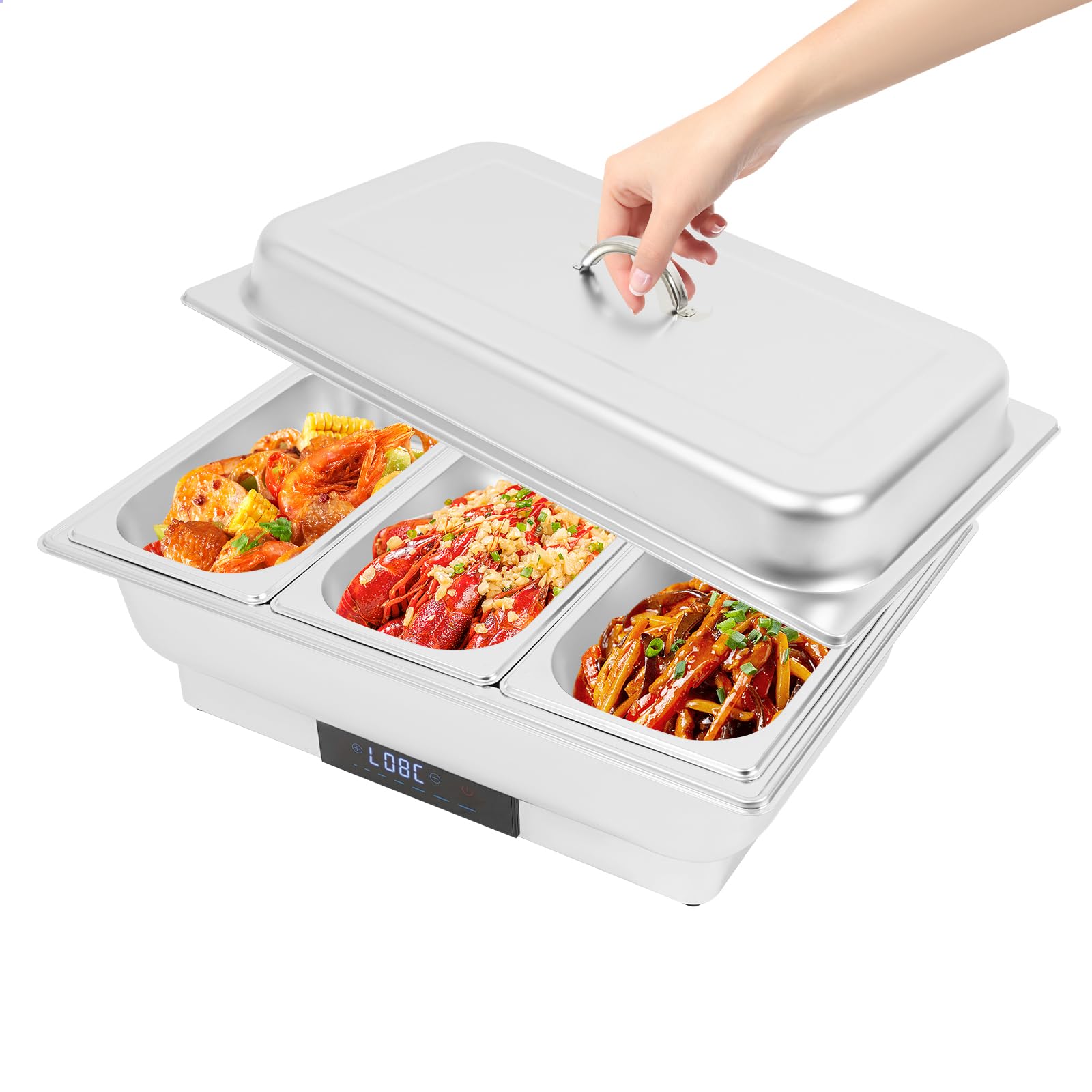 600 W, scalda buffet, 3 scomparti, 9 l, in acciaio inox, elettrico, grande capacità, scalda cibo con coperchio, per ristoranti, feste di famiglia e buffet