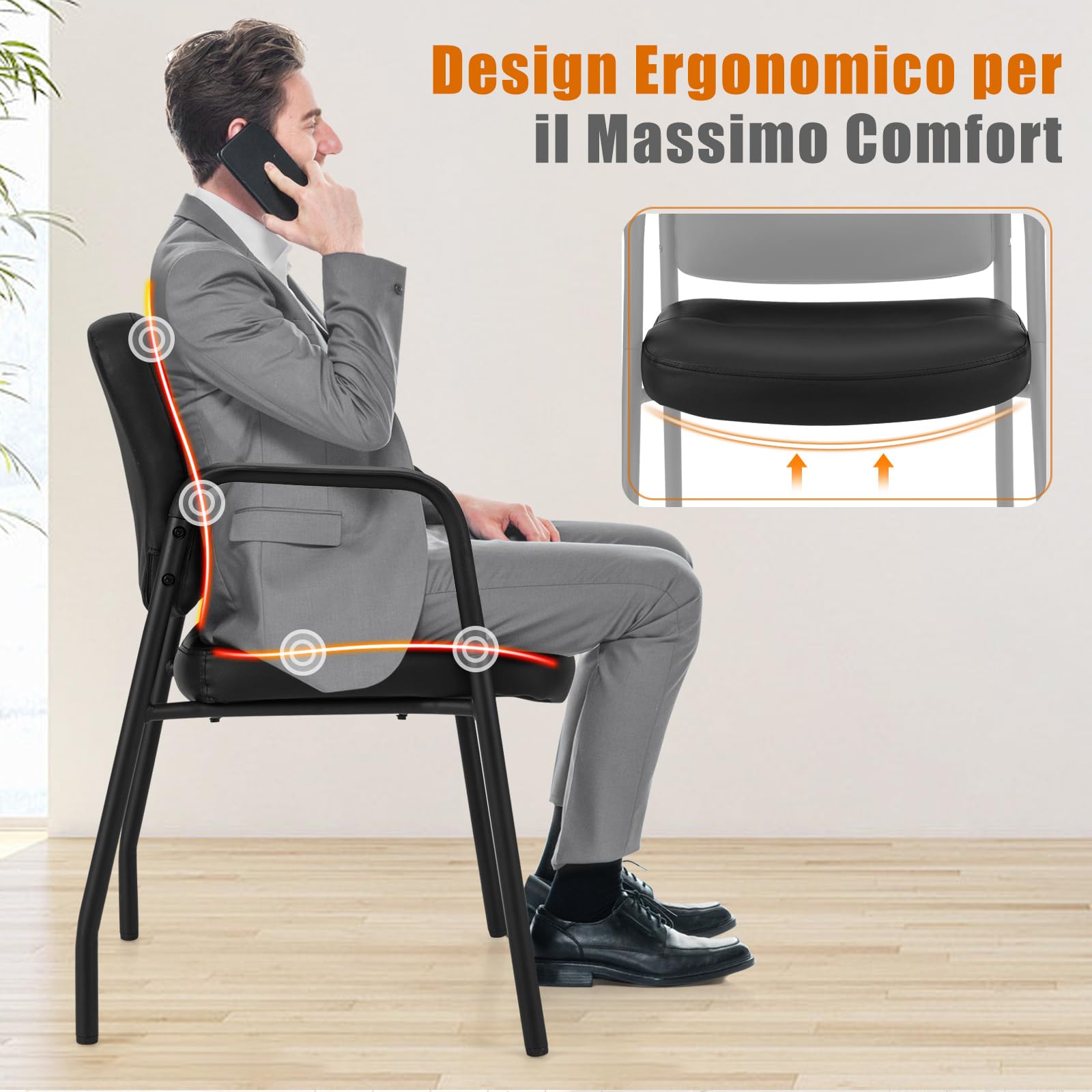 COSTWAY Set di 2 Sedie da Sala d'Attesa Imbottite, Sedie da Conferenza con Braccioli, con Gambe in Metallo, Sedie da Ufficio Portata 160 kg, 58 x 56 x 81 cm