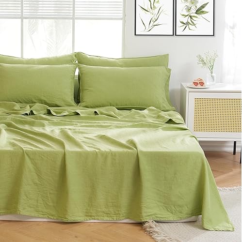 S VICTORY SYMBOL Juego de sábanas de 100 % lino francés de 4 piezas, lino europeo lavado a la piedra (1 sábana encimera, 1 sábana bajera, 2 fundas