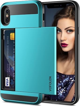 Vofolen Case for iPhone X Case iPhone XS Wallet Card Holder Slot Sliding Cover ID Pocket Dual Layer Bumper Anti-Scratch Protective Hard Shell Hybrid Rubber Armor for Apple iPhone X XS 10 10S -Sky Blue