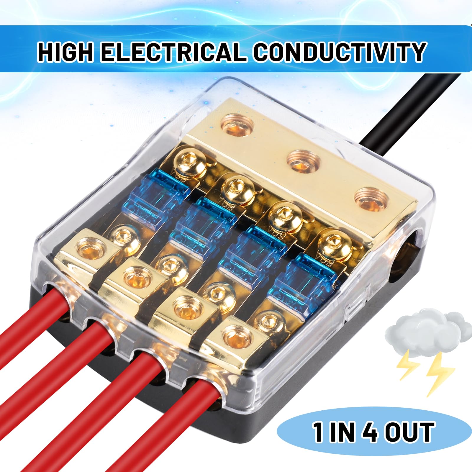 SWAWIS Mini ANL Sicherungshalter 4 Wege, Mit 0/4 Gauge Eingang und 4/8 Gauge Ausgang, Sicherungskasten für 30A-100A Sicherungen, KFZ Sicherungshalter für Auto Audio und Autobatterie