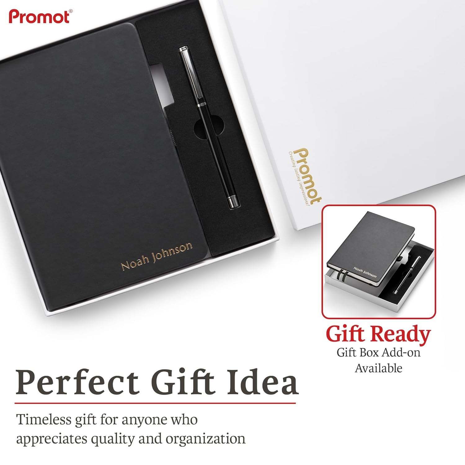 Promot Ruled Journal Notebook - Custom Embossed Text with Gold Metallic Foil - A5 Black 192 Lined Pages 8.2 x 5.5 Inch, 100 GSM, Pen Loop, Inner Pocket, Elastic Band, PU Leather Hardcover - Image 7