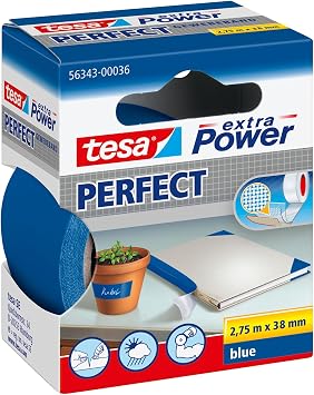 tesa UK extra Power Perfect Cloth Tape - Fabric-Reinforced Repairing Tape for Crafting, Repairing, Fastening, Reinforcing and Labelling - Blue - 2.75 m x 38 mm