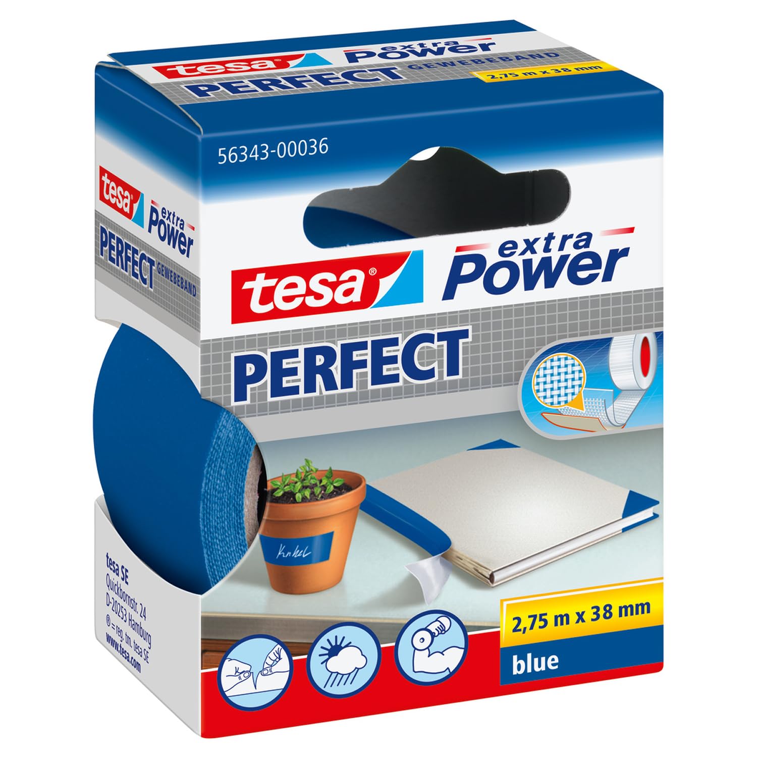 tesa UK extra Power Perfect Cloth Tape - Fabric-Reinforced Repairing Tape for Crafting, Repairing, Fastening, Reinforcing and Labelling - Blue - 2.75 m x 38 mm