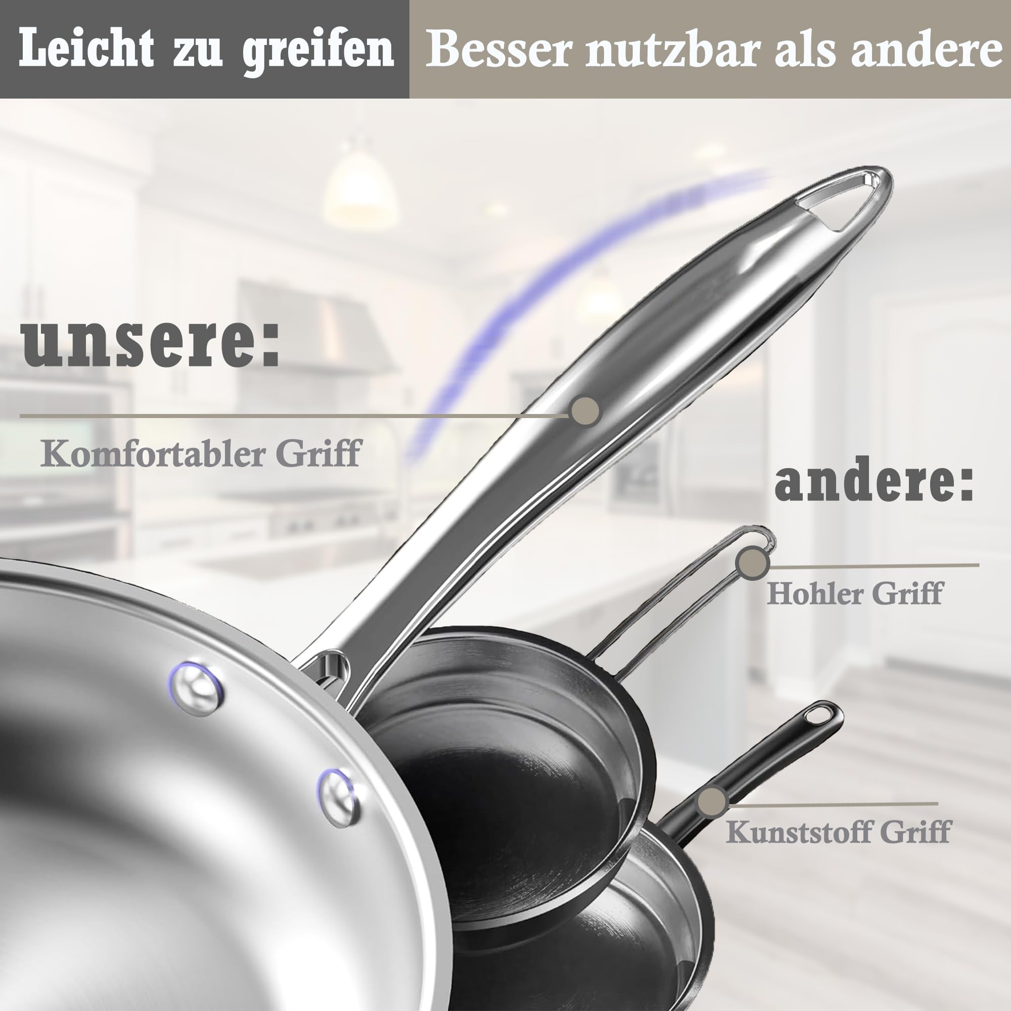6-teiliges Edelstahl-Topf- und Pfannenset, antihaftbeschichtetes Kochgeschirr-Set, geeignet für Induktions-/Elektro- und Gaskochfelder, Antihaftbeschichtet, Ofen- und Spülmaschinengeeignet