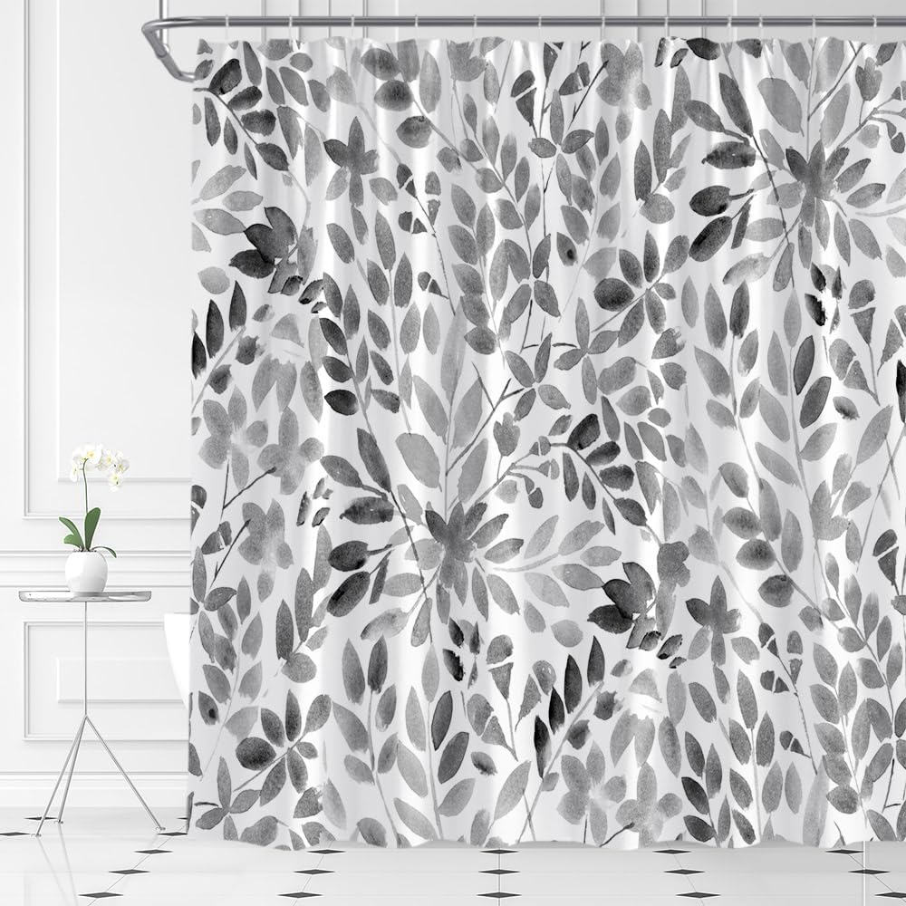 Watercolor Leaves Shower Curtain Gray Leaf Floral Eucalyptus Plant Pretty Nature Fabric Bathroom Decor with Hooks(74.8" Wx70 H)