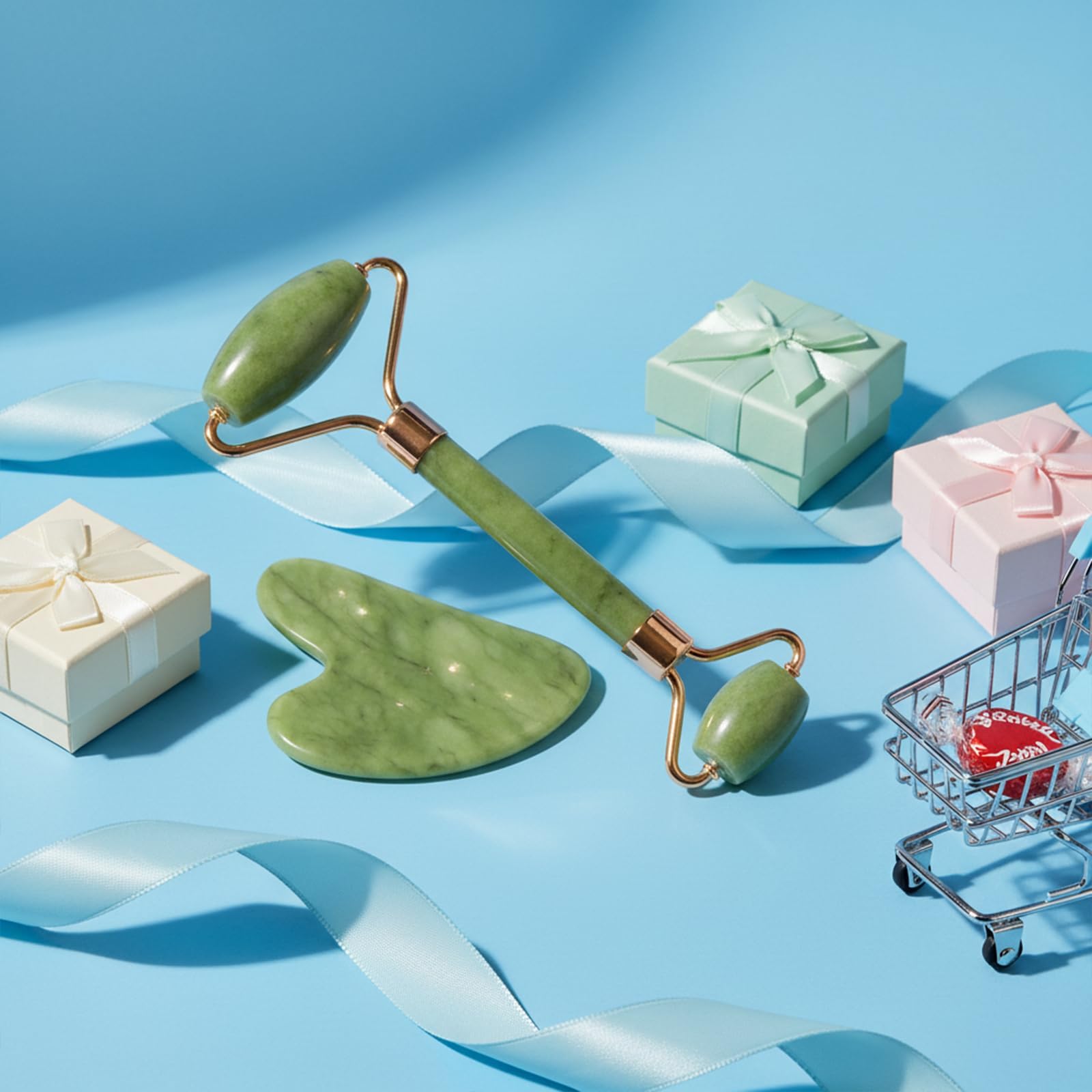 BAIMEI Gua Sha e Rullo di Giada per il Viso，Massaggiatore Lifting Viso e Guasha per il Corpo, Idea Regalo Perfetta，e Rilassa La Pelle，Regali Per Le Donne