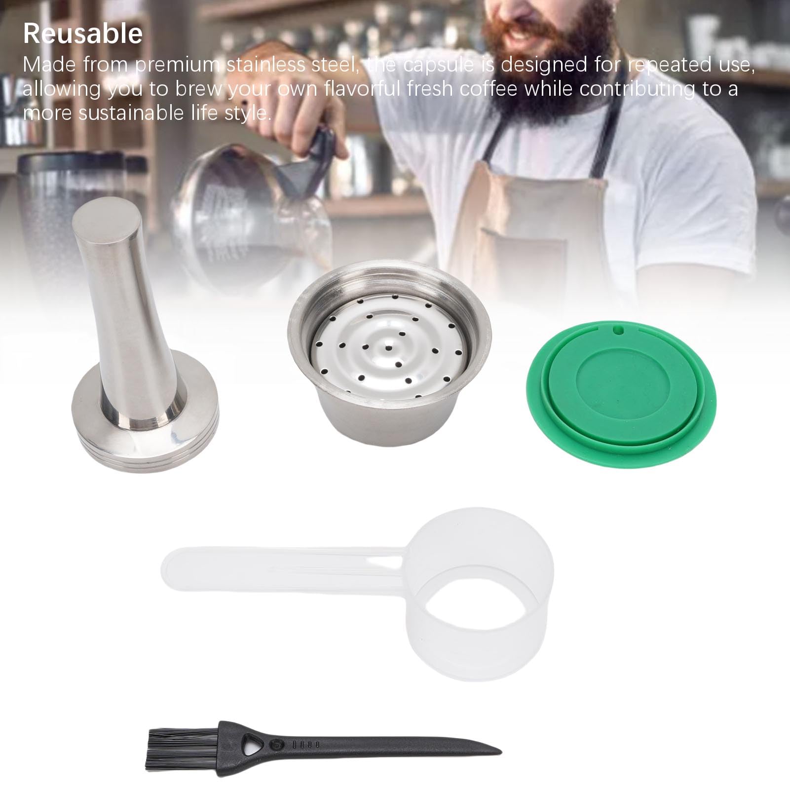 Yosoo Health Gear Cápsula de café de Acero Inoxidable, Kit de Cápsulas de café Reutilizables con Cepillo de Cuchara Manipuladora, 3,47 X 5,29 Cm, Fácil de Limpiar, bajo en Sedimentos para Usuarios