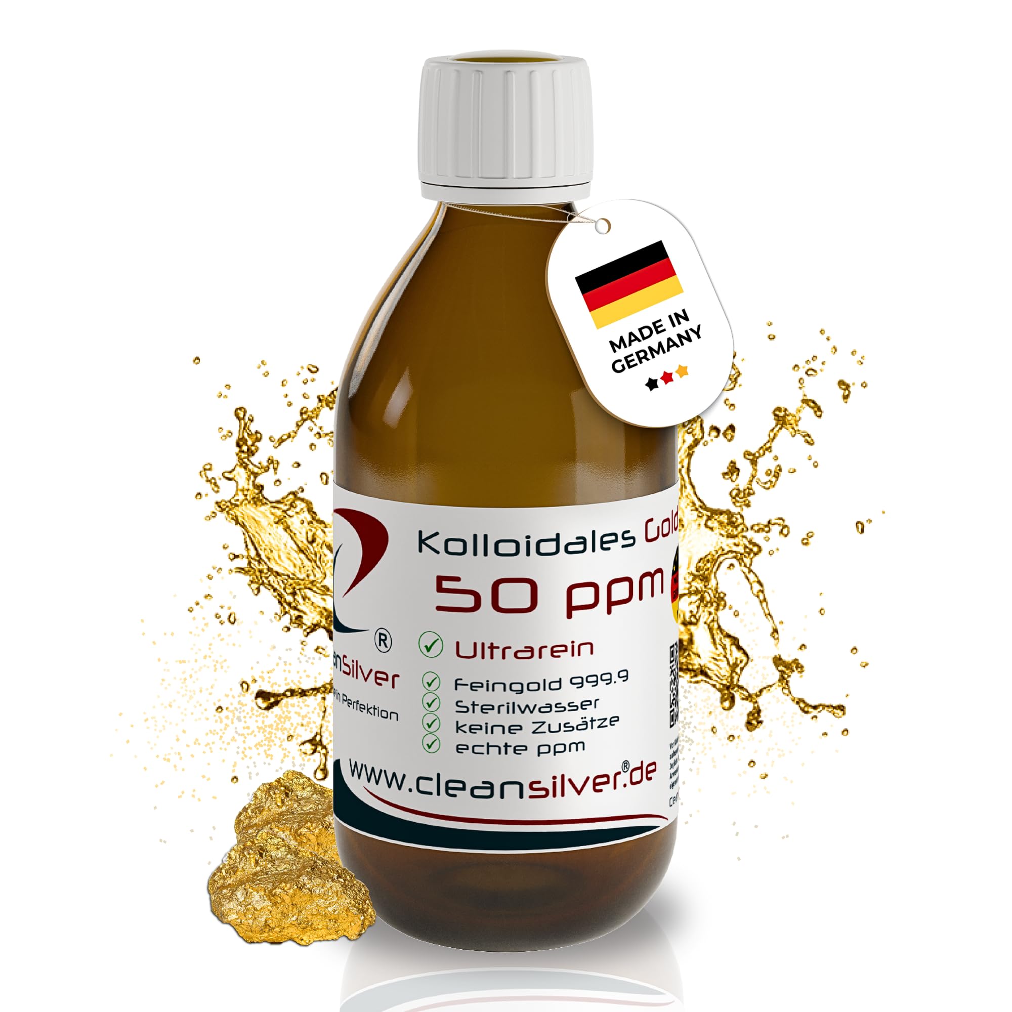 CleanSilver Kolloidales Gold 50 ppm 250ml, Ultrarein: Sterilwasser und Feingold 99,99% - Made in Germany- Stets frische Herstellung - keine Lagerware!