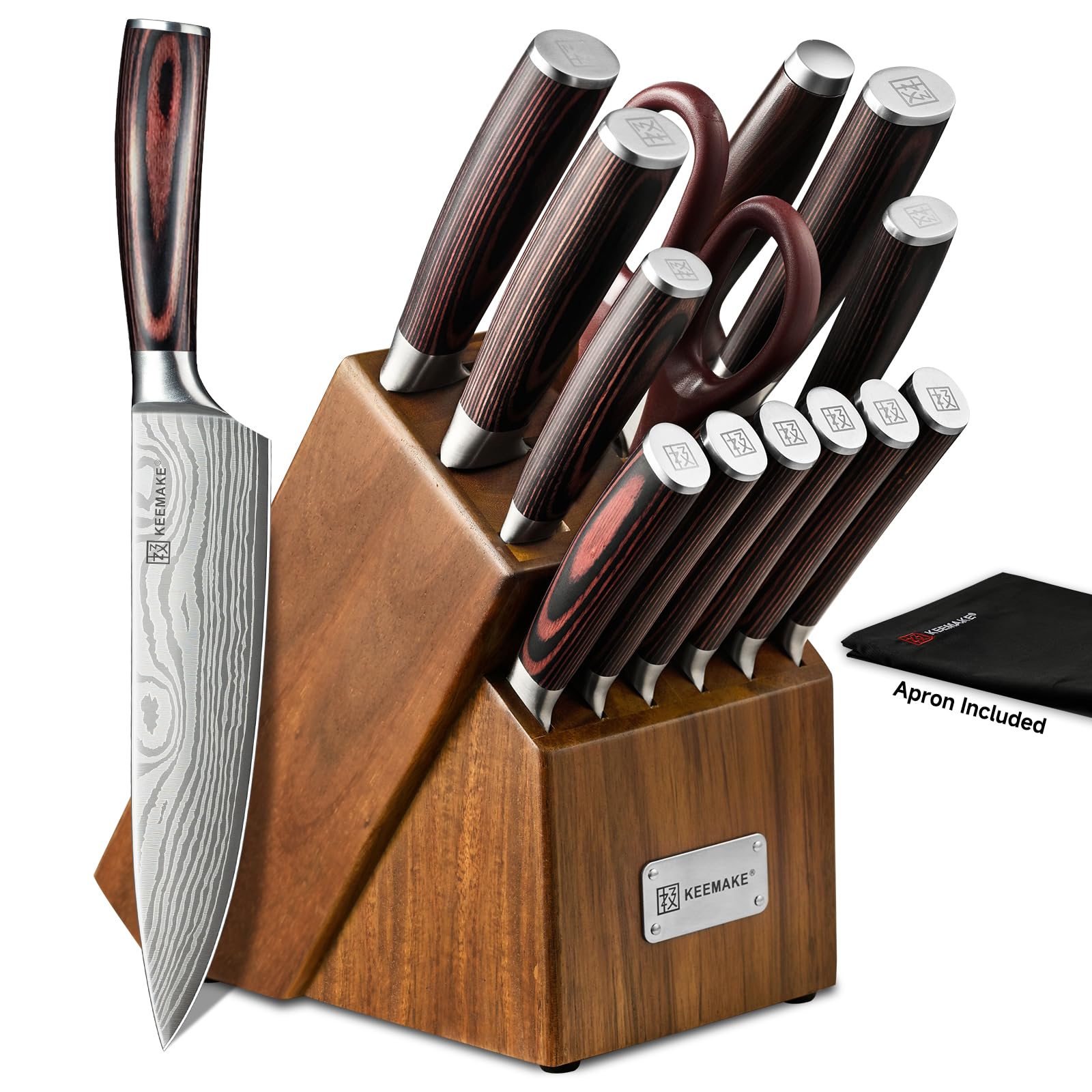 KEEMAKE Knife Set, 15 Pieces Knife Block Set w/Kitchen Apron and Sharpener
