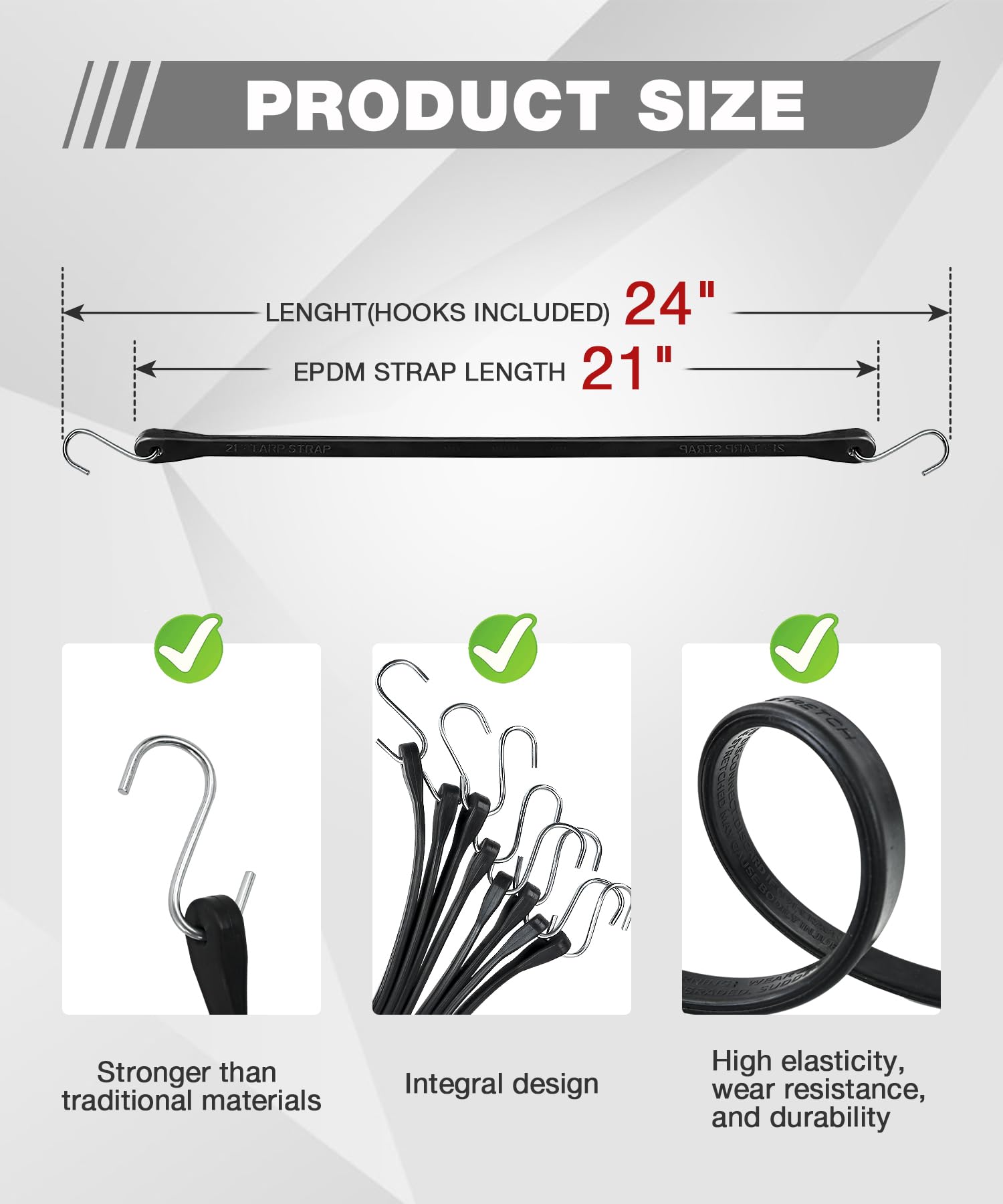 Lot de 10 tendeurs robustes de 53,3 cm avec crochets en S en métal, sangles de bâche d'extérieur EPDM pour sécuriser les cargaisons, bâches, toiles par tous les temps - Extensible max 1,5 x