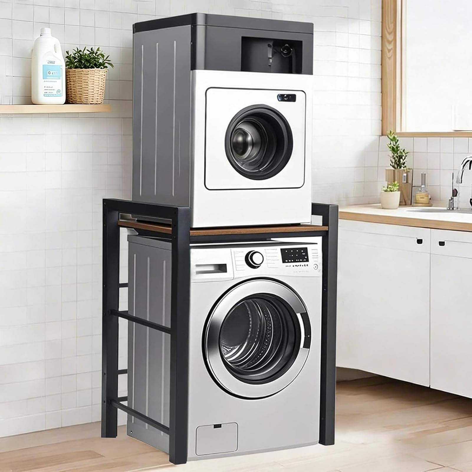 OVRLRIJP lavadoro Mueble con Estantería y Armario Ajustable para Lavadora, 3 Alturas, 350 kg de Carga, 75 x 67 x 105 cm (Negro)